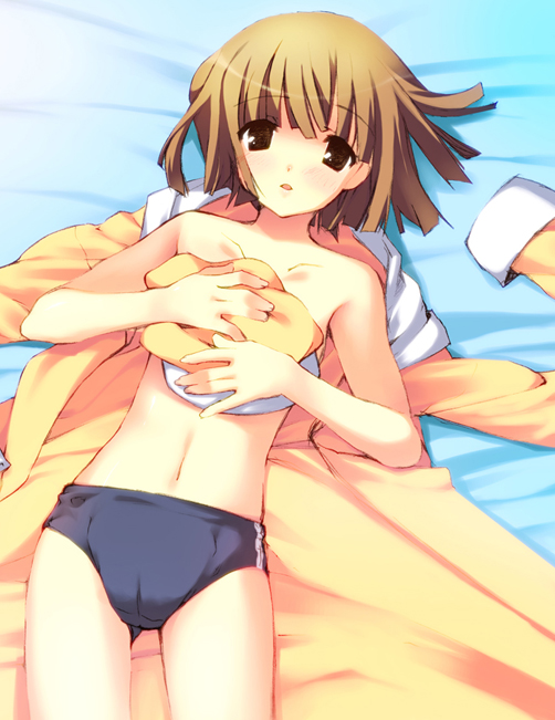 kunai uri, sengoku nadeko, bakemonogatari, monogatari (series), 1girl, bed, blush, brown hair, buruma, cameltoe, covering breasts, covering privates, female focus, flat chest, hat, lying, on back, open clothes, open mouth, short hair, solo, topless female