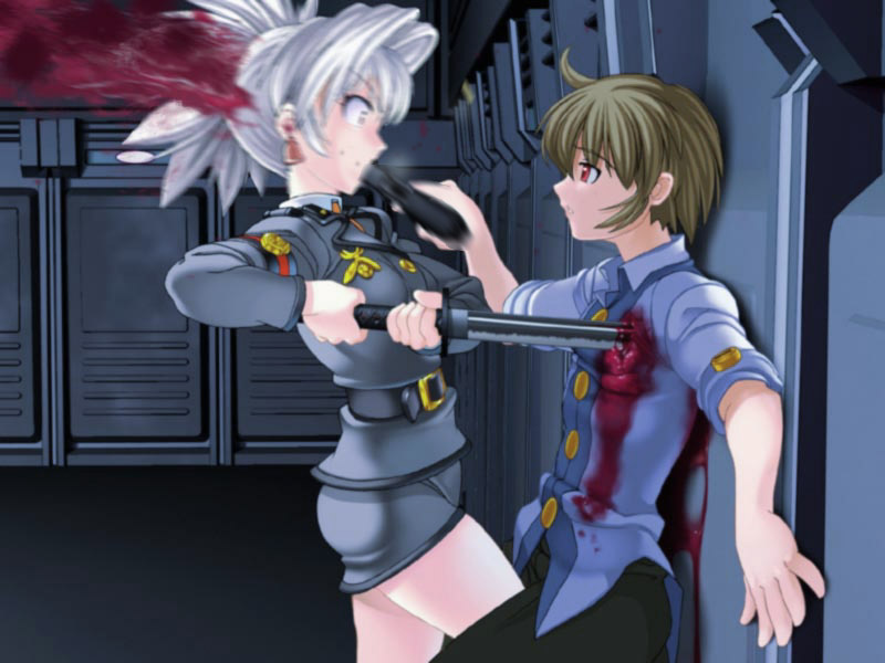 tomonaga haruka, hello world, nitroplus, game cg, third-party edit, 1boy, 1girl, blood, blood on clothes, death, gun, guro, headshot, katana, motion blur, stab, sword, tomonaga kazuki, weapon