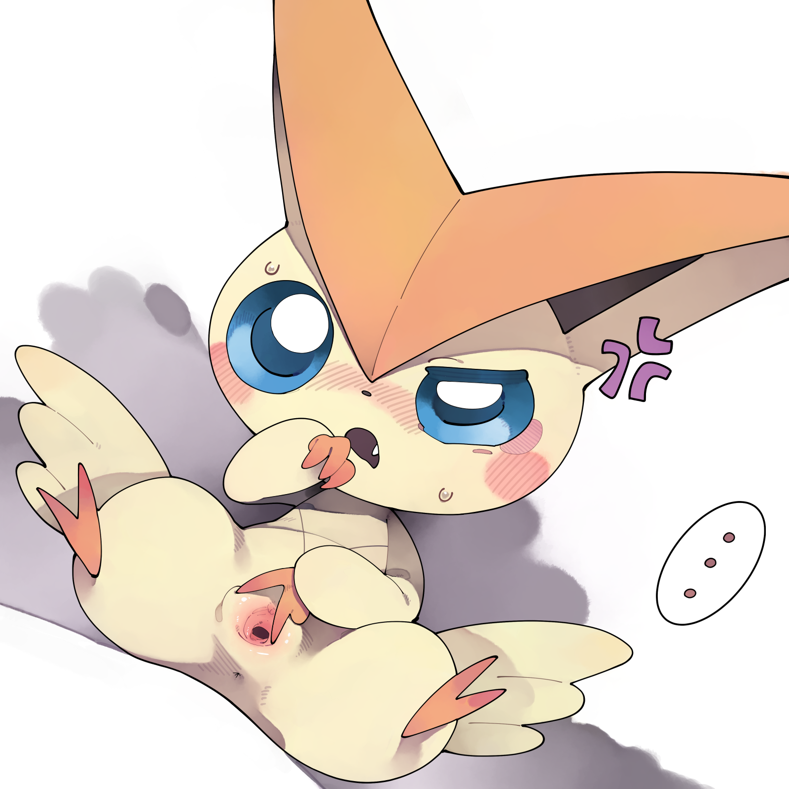 youjo modoki, victini, nintendo, pokemon, highres, …, 1girl, anger vein, animal ears, blue eyes, blush, female focus, gen 5 pokemon, legendary pokemon, mythical pokemon, open mouth, pokemon (creature), pussy, shadow, solo, spread legs, spread pussy, spreading own pussy, sweat, uncensored, white background, yellow fur