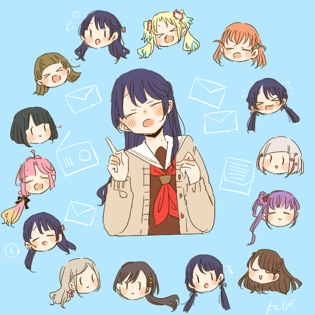 kase (ks lys), ceras yanagida lilienfeld, fujishima megumi, hinoshita kaho, kachimachi kosuzu, katsuragi izumi, momose ginko, murano sayaka, osawa rurino, otomune kozue, yugiri tsuzuri, link! like! love live!, love live!, commentary request, > <, 6+girls, :o, ;d, = =, ahoge, black hair, black ribbon, blonde hair, blue background, blue hair, blush, bob cut, brown cardigan, brown dress, brown hair, cardigan, chibi, chibi inset, closed eyes, dress, facing viewer, flower, flying sweatdrops, gradient hair, grey hair, hair bun, hair flower, hair ornament, hair ribbon, half updo, hasu no sora school uniform, head only, index finger raised, jellyfish cut, long hair, long sleeves, low twintails, mole, mole on neck, multi-tied hair, multicolored hair, multiple girls, multiple views, neckerchief, one eye closed, open cardigan, open clothes, open mouth, orange hair, pink ribbon, ponytail, purple hair, rabbit hair ornament, red flower, red neckerchief, red streaks, ribbon, sailor collar, sailor dress, school uniform, short hair, side ahoge, side ponytail, sidelocks, simple background, single side bun, smile, star (symbol), star hair ornament, streaked hair, triangle hair ornament, twintails, two side up, u u, virtual youtuber, white sailor collar, winter uniform, | |