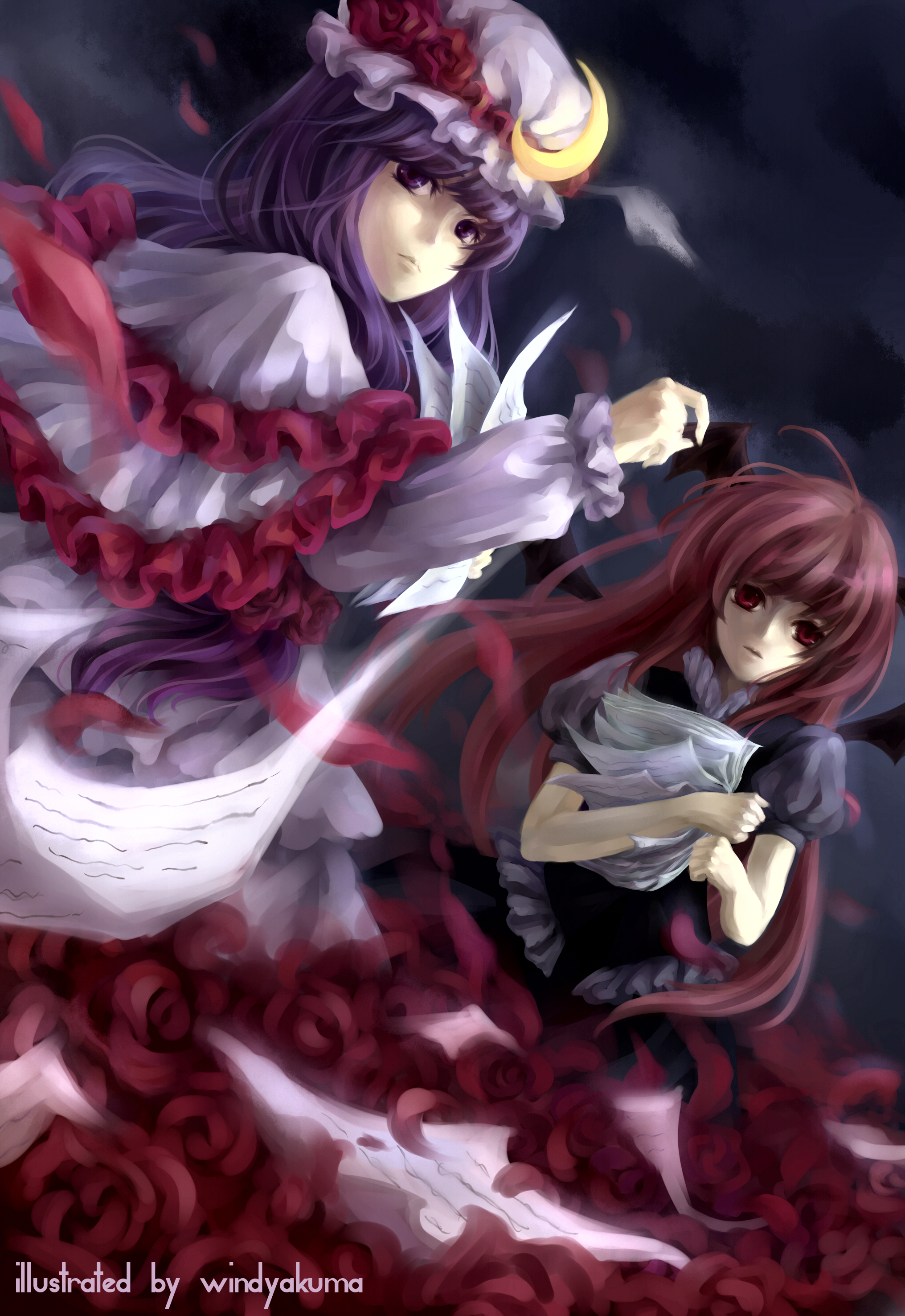 windyakuma, koakuma, patchouli knowledge, embodiment of scarlet devil, touhou, absurdres, bad id, bad pixiv id, highres, 2girls, alternate costume, bat wings, dutch angle, english text, female focus, flower, hat, head wings, holding, long hair, multiple girls, paper, purple eyes, purple hair, red eyes, red hair, rose, wind, wings