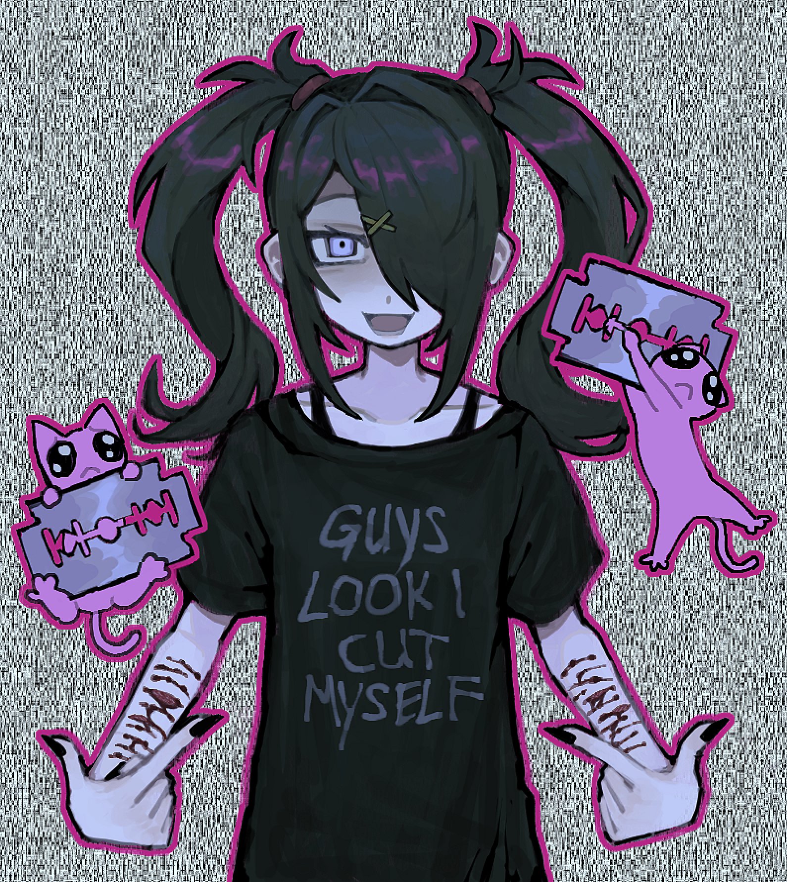 sunny sakana, ame-chan (needy girl overdose), soyjak, 4chan, needy girl overdose, highres, 1girl, :d, animal, black hair, black nails, black shirt, facing viewer, hair ornament, hair over one eye, looking at viewer, meme, open mouth, p-chan (needy girl overdose), pointing, pointing at self, purple eyes, razor blade, scar, scar on arm, self-harm, shirt, short twintails, sidelocks, smile, static, t-shirt, twintails, wrist cutting, x hair ornament