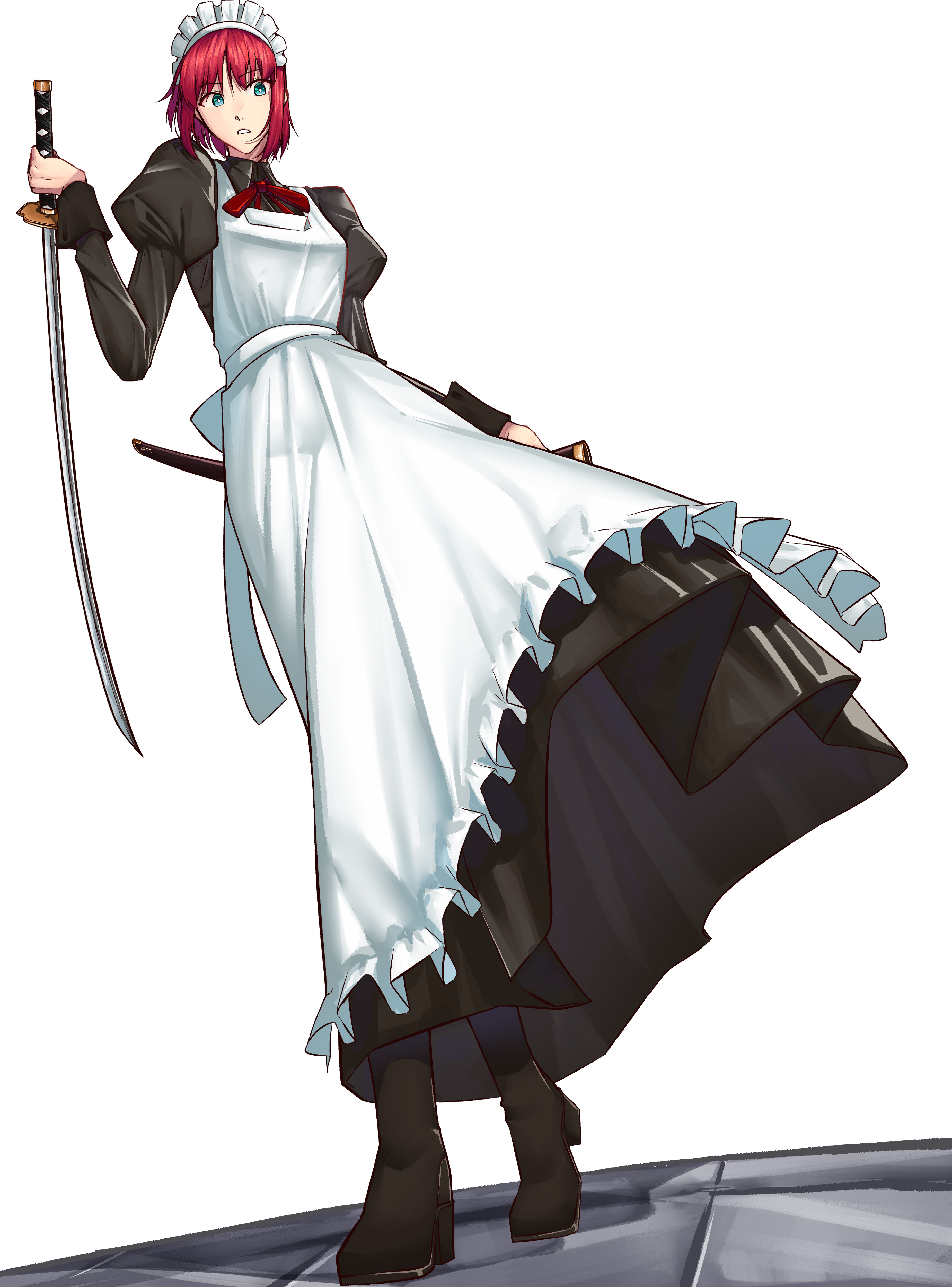 moren eh, hisui (tsukihime), tsukihime, absurdres, commentary, english commentary, highres, 1girl, apron, black dress, bob cut, dress, frilled apron, frills, full body, green eyes, holding, holding sheath, holding sword, holding weapon, katana, long sleeves, looking at viewer, looking down, maid, maid apron, maid headdress, parted bangs, puffy long sleeves, puffy sleeves, red hair, sheath, short hair, simple background, solo, sword, weapon, white apron, white background