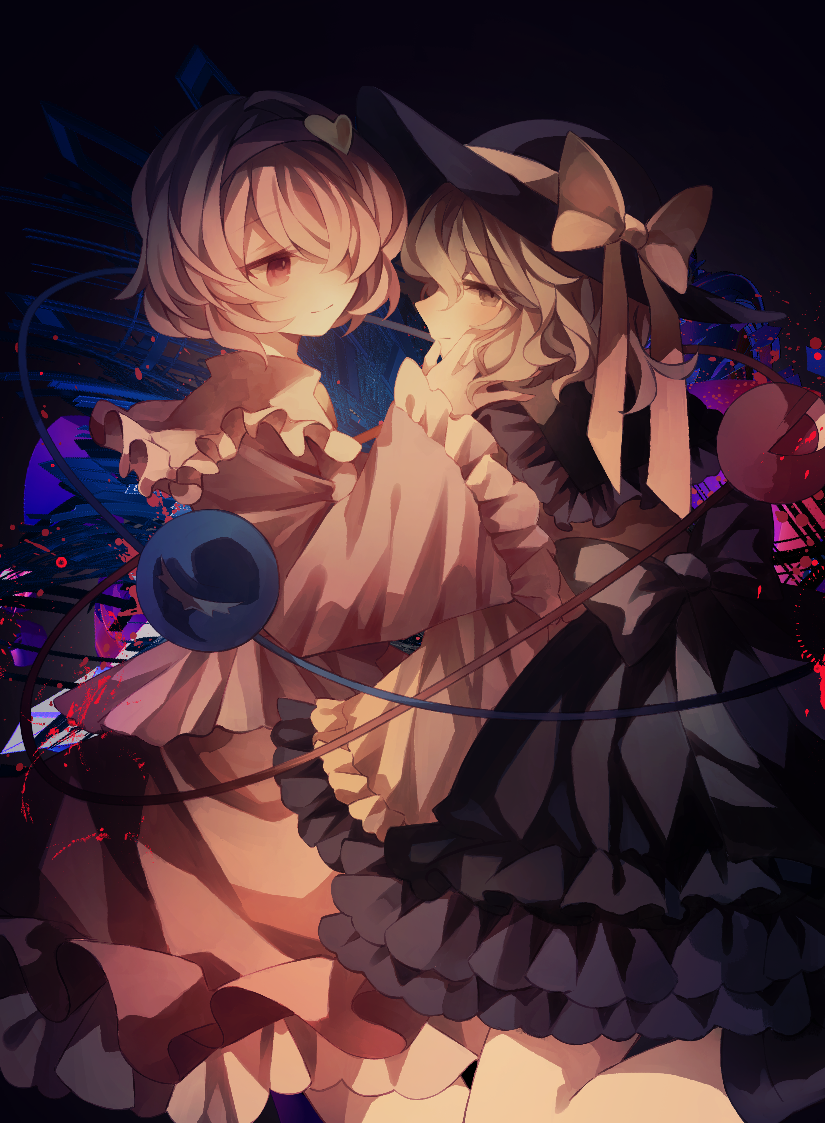 utsuro (kz hokuto), komeiji koishi, komeiji satori, touhou, absurdres, commentary, highres, 2girls, black hairband, black hat, black skirt, bow, closed mouth, dated commentary, eyeball, frilled shirt collar, frilled sleeves, frills, green eyes, green hair, green skirt, hair ornament, hairband, hand on another's cheek, hand on another's face, hat, heart, heart hair ornament, long sleeves, multiple girls, pink eyes, pink hair, shirt, skirt, smile, third eye, wide sleeves, yellow bow, yellow shirt