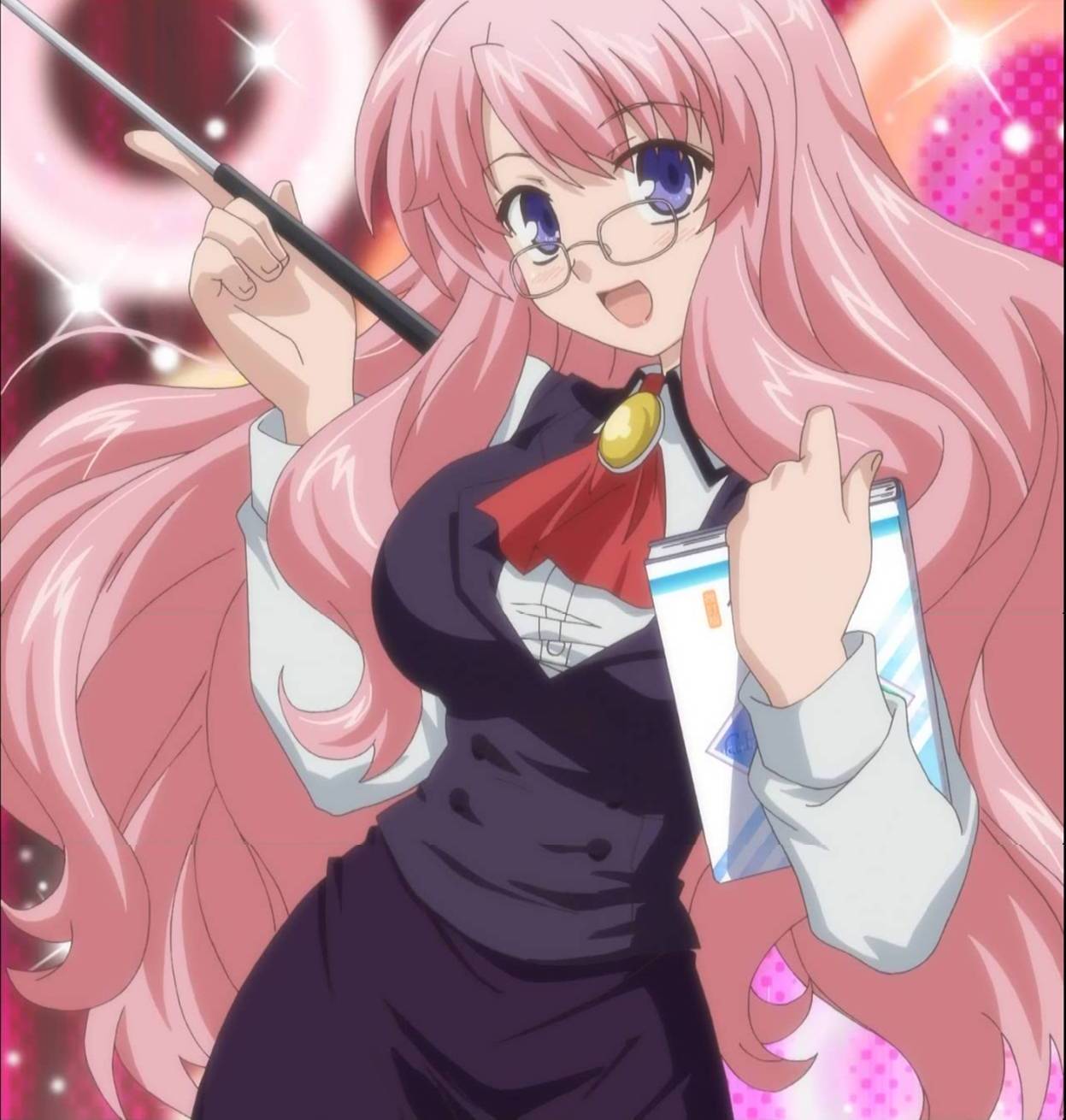 himeji mizuki, baka to test to shoukanjuu, screencap, highres, 1girl, blush, breasts, female focus, glasses, long hair, pink hair, smile, solo