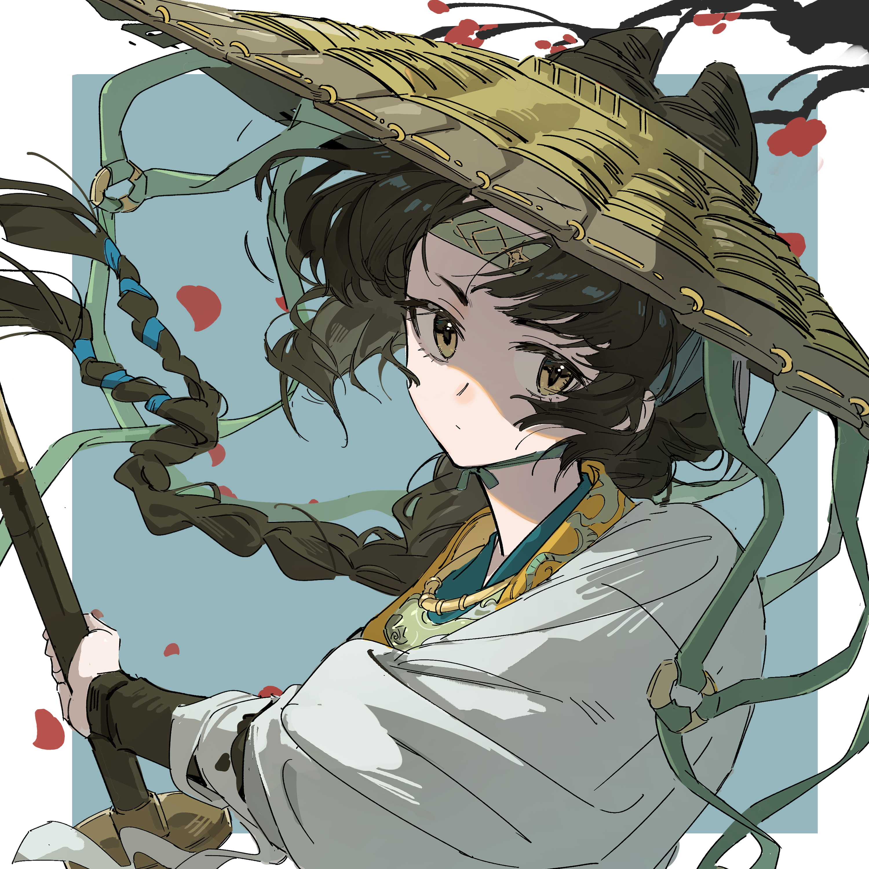 liang yue (reverse:1999), reverse:1999, absurdres, hashtag-only commentary, highres, 1girl, black hair, blue background, border, braid, branch, chinstrap, closed mouth, cone hair bun, dot mouth, double bun, floating hair, flower, from side, green headband, hair bun, hat, headband, holding, holding sword, holding weapon, long hair, looking at viewer, low twin braids, official alternate costume, outside border, red flower, rice hat, robe, solo, sword, twin braids, upper body, weapon, white border, white robe, youzhiyuan