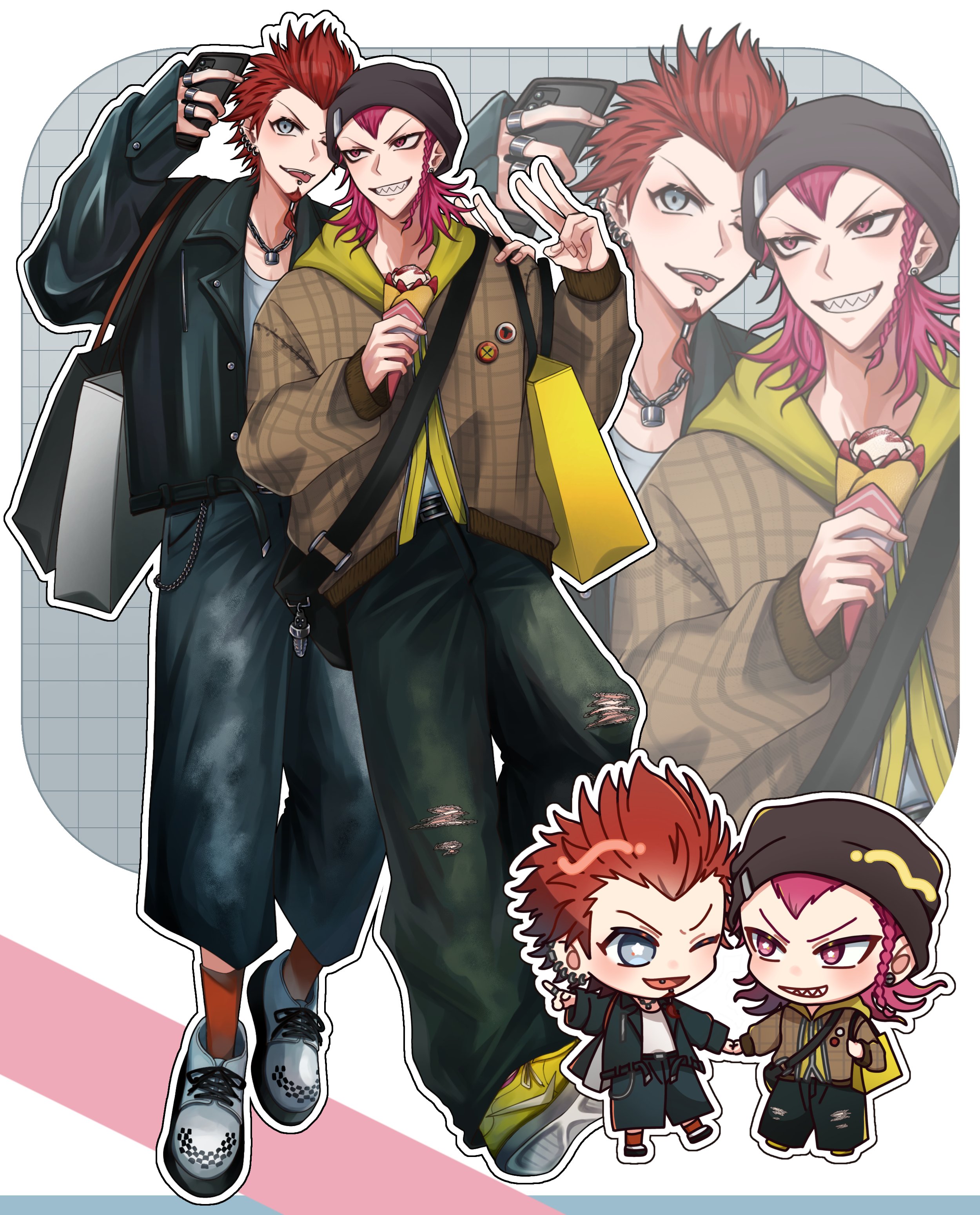 tuki onigiri, kuwata leon, soda kazuichi, danganronpa: trigger happy havoc, danganronpa (series), danganronpa 2: goodbye despair, absurdres, commentary request, highres, 2boys, bag, black jacket, black pants, cellphone, chibi, chibi inset, crepe, facial hair, food, goatee, holding, holding crepe, holding food, holding hands, holding phone, jacket, jewelry, lapels, looking at phone, male focus, medium hair, multiple boys, multiple views, necklace, notched lapels, open mouth, pants, phone, pink eyes, pink hair, red hair, red socks, sharp teeth, shirt, shoes, smile, socks, teeth, white shirt, white shoes, widow's peak, yellow shoes