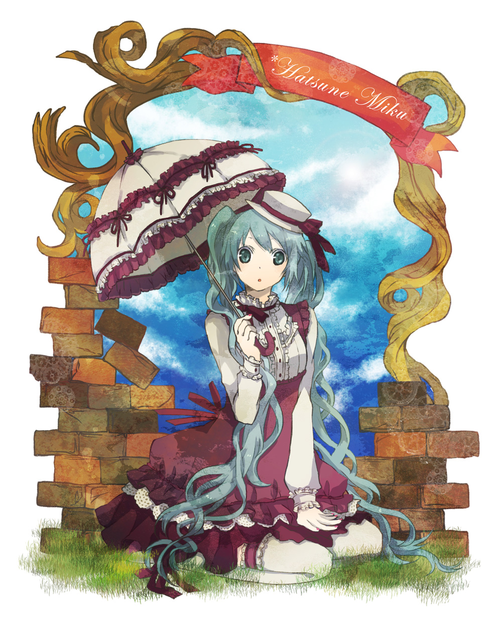 buzz (moi), hatsune miku, vocaloid, highres, 1girl, aqua eyes, aqua hair, brick wall, character name, cloud, dress, female focus, frills, full body, hat, long hair, looking at viewer, nail polish, nature, outdoors, pink nails, sitting, sky, solo, thighhighs, twintails, umbrella, very long hair, wariza