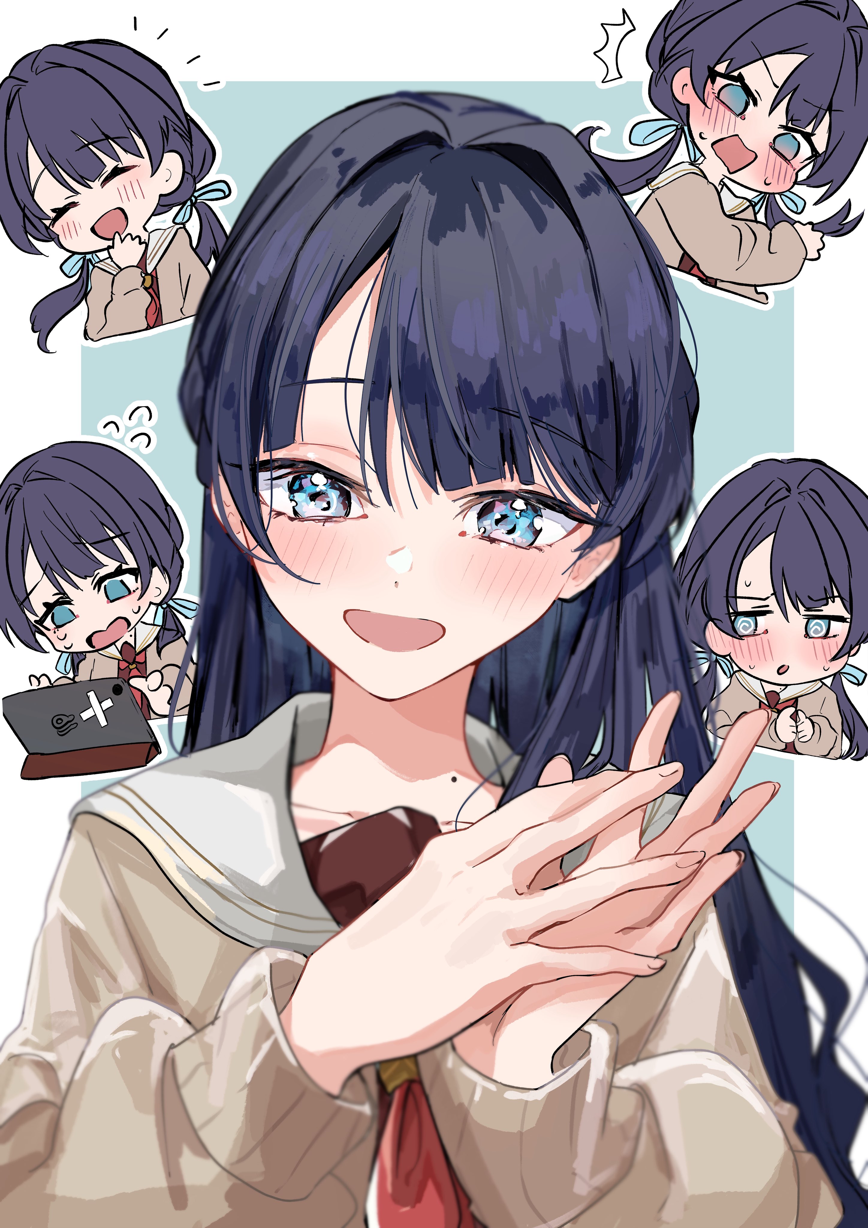 jin (oihlf), murano sayaka, link! like! love live!, love live!, absurdres, commentary request, highres, 1girl, :d, @ @, ^^^, ^ ^, aqua background, blue eyes, blue hair, blue ribbon, blush, border, brand name imitation, brown cardigan, brown dress, cardigan, closed eyes, dress, embarrassed, flying sweatdrops, hair ribbon, half updo, hasu no sora school uniform, ipad, long hair, long sleeves, looking at viewer, mole, mole on neck, multiple views, neckerchief, nervous sweating, notice lines, open cardigan, open clothes, open mouth, outside border, own hands together, red neckerchief, ribbon, sailor collar, sailor dress, school uniform, simple background, smile, sweat, tablet pc, virtual youtuber, white border, white sailor collar, winter uniform