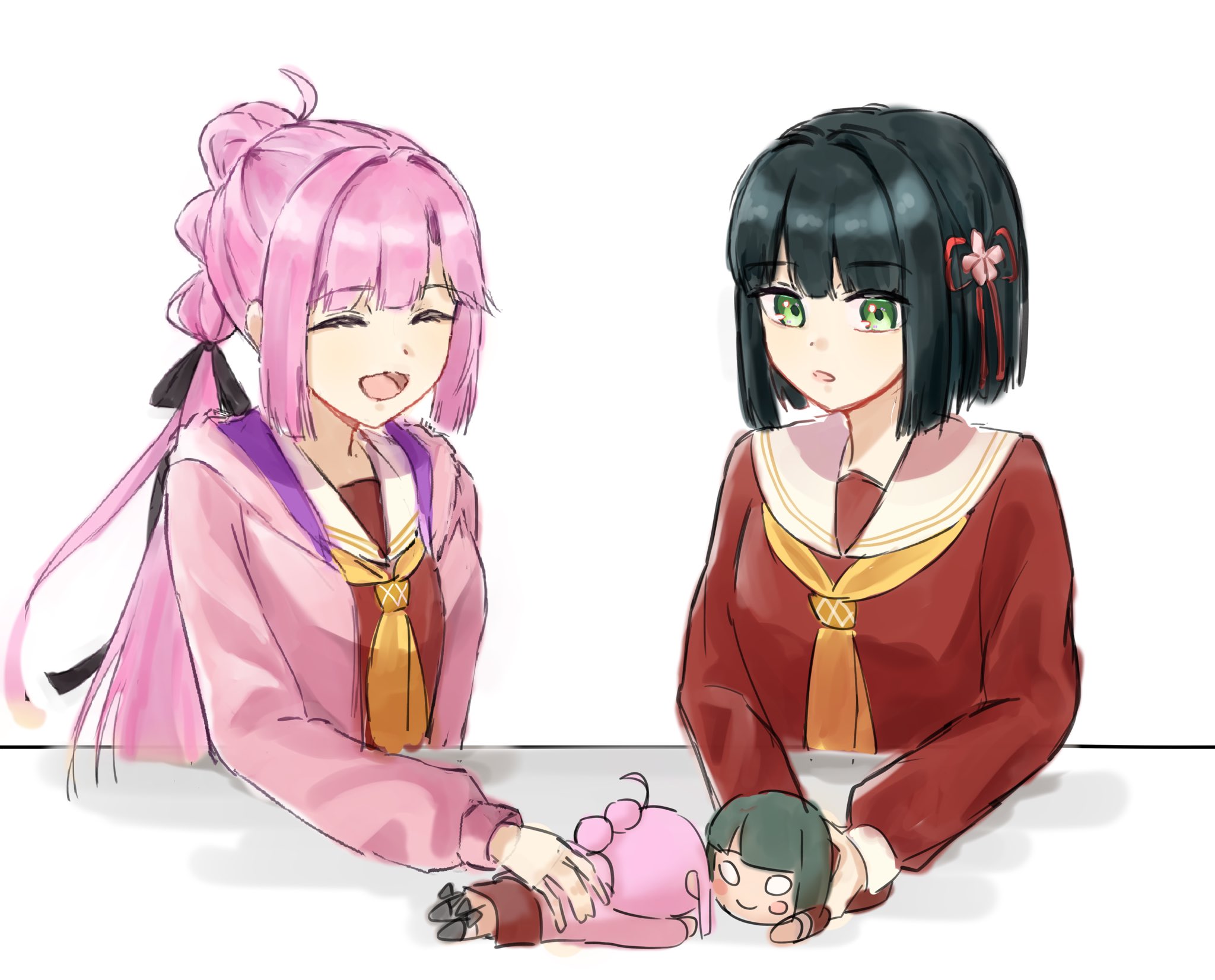 amane61115, anyoji hime, momose ginko, link! like! love live!, love live!, commentary, highres, 2girls, ahoge, black hair, black ribbon, blonde hair, blunt bangs, blunt ends, blunt sidelocks, bob cut, breasts, brown dress, character doll, doll, dress, flower, flower knot, hair flower, hair ornament, hair ribbon, hasu no sora school uniform, holding, holding doll, hood, hood down, hooded jacket, jacket, long sleeves, medium breasts, multi-tied hair, multiple girls, neckerchief, nesoberi, open clothes, open jacket, pink flower, pink hair, pink jacket, ponytail, ribbon, sailor collar, sailor dress, school uniform, short hair, sidelocks, simple background, virtual youtuber, white background, white sailor collar, winter uniform, yellow neckerchief