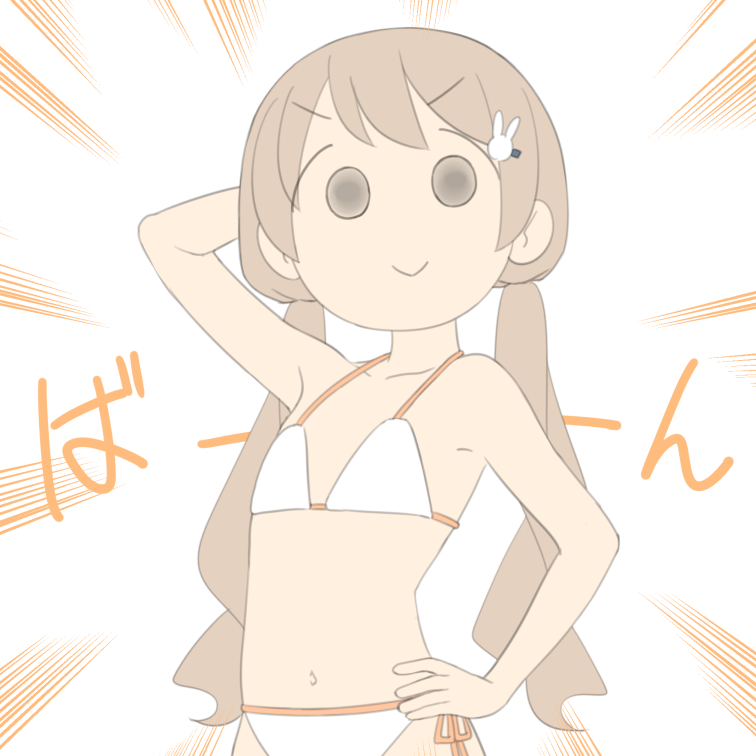 juukyuu, original, 1girl, arms behind head, bikini, blonde hair, flat chest, hair ornament, hands on own hips, long hair, mob face, navel, rabbit hair ornament, simple background, swimsuit, twintails, white background