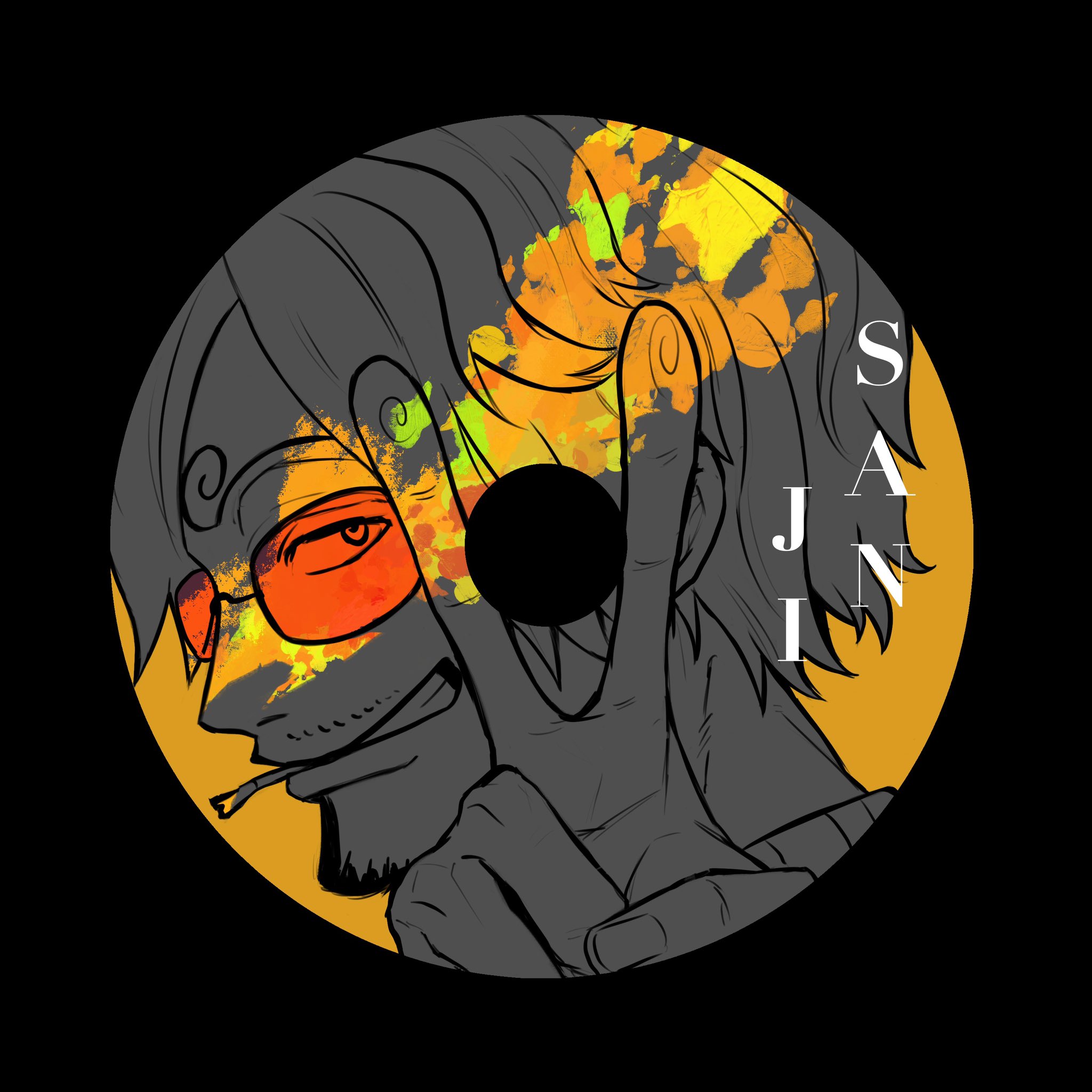 mrjieshisu, sanji (one piece), one piece, commentary, highres, 1boy, black background, cd, character name, close-up, curly eyebrows, facial hair, goatee, looking at viewer, male focus, mustache, orange-tinted eyewear, short hair, simple background, solo, sunglasses, tinted eyewear, v