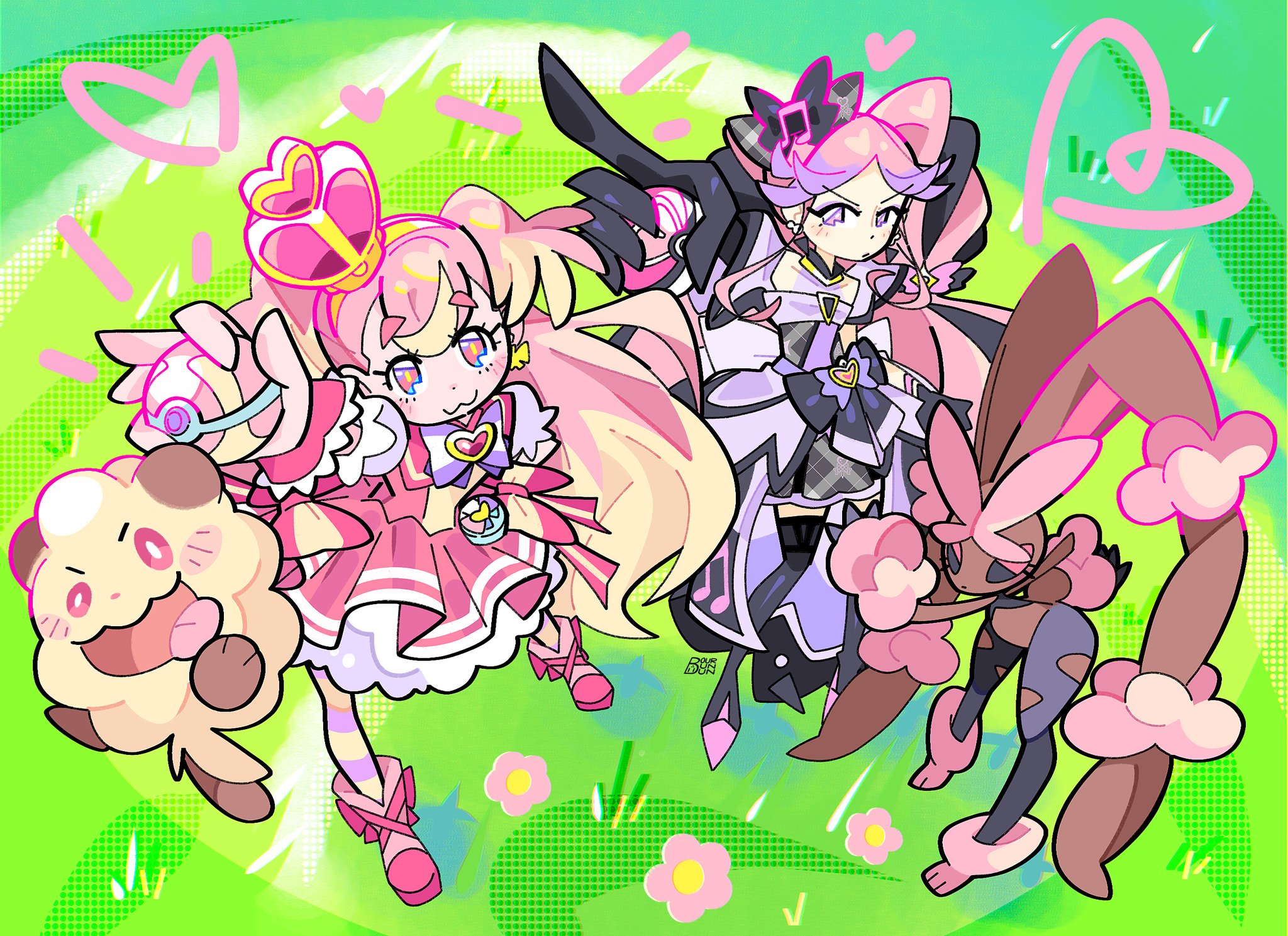 bourbunbun, cure kiss, cure wonderful, inukai komugi, lopunny, mega lopunny, meroron (precure), swirlix, kimi to idol precure, nintendo, pokemon, precure, wonderful precure!, commentary, english commentary, highres, alternate color, arched crown, blonde hair, bow, brooch, crown, drawn heart, dress, dress bow, earrings, fortissimo, from above, gen 4 pokemon, gen 6 pokemon, gingham clothes, gingham dress, grass, hair extensions, hair ornament, hair wings, half up bun, halftone, heart, heart-shaped lock, heart brooch, jewelry, mega pokemon, mini crown, multicolored hair, multicolored pantyhose, musical note, musical note hair ornament, pact holder, pantyhose, pearl earrings, pink crown, pink dress, pink hair, pink shoes, pink wrist cuffs, puffy dress, shiny pokemon, shoes, single sleeve cuff, two-tone hair, two-tone pantyhose, wonderful pact, wrist cuffs, yellow pantyhose