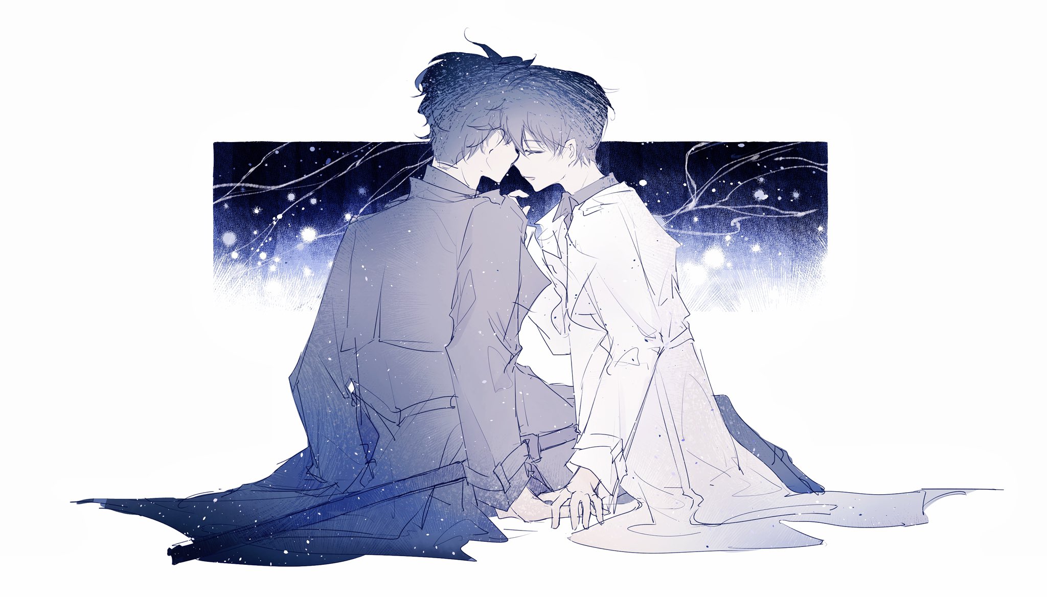 kim dokja, yoo joonghyuk, omniscient reader's viewpoint, hashtag-only commentary, highres, 2boys, 8612starreader, black coat, black hair, black shirt, closed eyes, coat, collared shirt, forehead-to-forehead, full body, grin, heads together, holding hands, male focus, multiple boys, open clothes, open coat, popped collar, shirt, short hair, sitting, smile, starry sky print, white coat