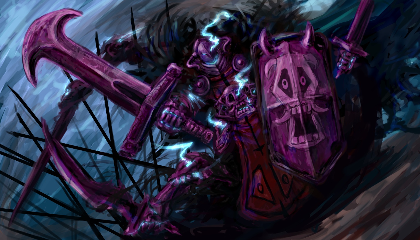 dokuya gunjou, pixiv fantasia, pixiv fantasia last saga, commentary request, dual wielding, extra arms, glowing, holding, living armor, mercenary leader folgades, outdoors, shield, sword, weapon