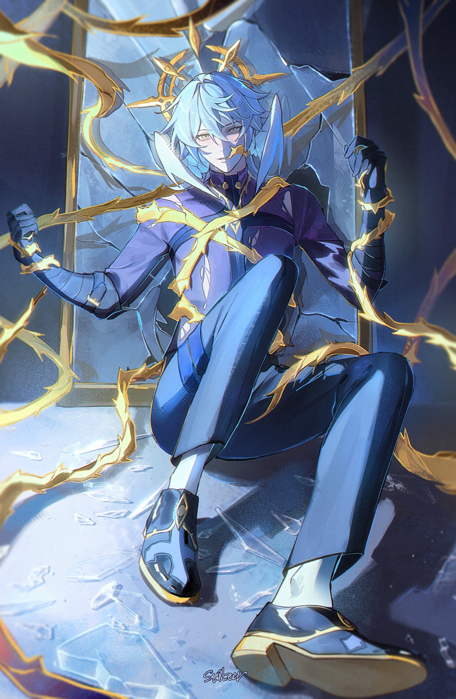 moonya, sunday (honkai: star rail), honkai: star rail, honkai (series), absurdres, commentary, english commentary, highres, 1boy, artist name, black gloves, black pants, black shoes, blush, broken mirror, elbow gloves, feathered wings, glass shards, gloves, gold trim, grey hair, hair between eyes, halo, halo behind head, hands up, head wings, long sleeves, looking at viewer, male focus, medium hair, mirror, on floor, pants, parted lips, plant, purple shirt, shirt, shoes, signature, sitting, solo, tears, thigh strap, torn clothes, torn shirt, vines, white wings, wings, yellow eyes