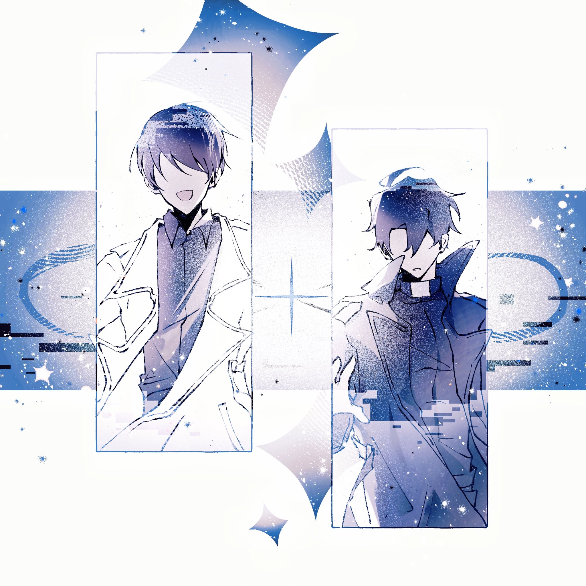 kim dokja, yoo joonghyuk, omniscient reader's viewpoint, hashtag-only commentary, highres, 2boys, 8612starreader, :d, ahoge, belt collar, black coat, black shirt, coat, collar, collared shirt, cowboy shot, facing viewer, glitch, head tilt, multiple boys, no eyes, open clothes, open coat, open mouth, popped collar, shirt, smile, white coat