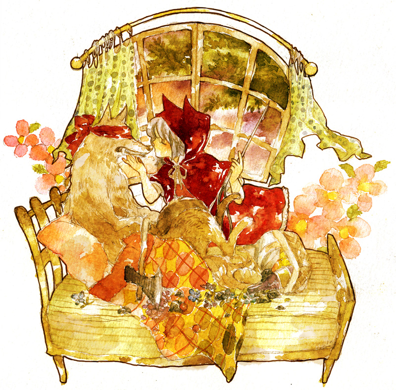 yoki (artist), big bad wolf, little red riding hood (fairy tale character), little red riding hood (fairy tale), original, folklore, painting (medium), traditional media, watercolor (medium), 1girl, animal, animal ears, bed, blindfold, cape, fairy tales, female focus, hood, solo, window, wolf
