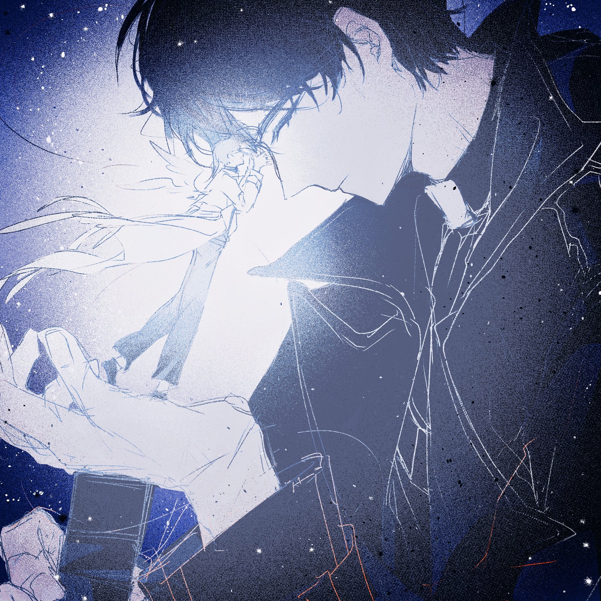 kim dokja, yoo joonghyuk, omniscient reader's viewpoint, hashtag-only commentary, highres, 2boys, 8612starreader, black coat, black hair, bloom, closed eyes, coat, feathered wings, full body, in palm, male focus, mini person, miniboy, multiple boys, open clothes, open coat, reaching, reaching towards another, short hair, sky, standing, standing on another's hand, star (sky), starry sky, white coat, white wings, wings