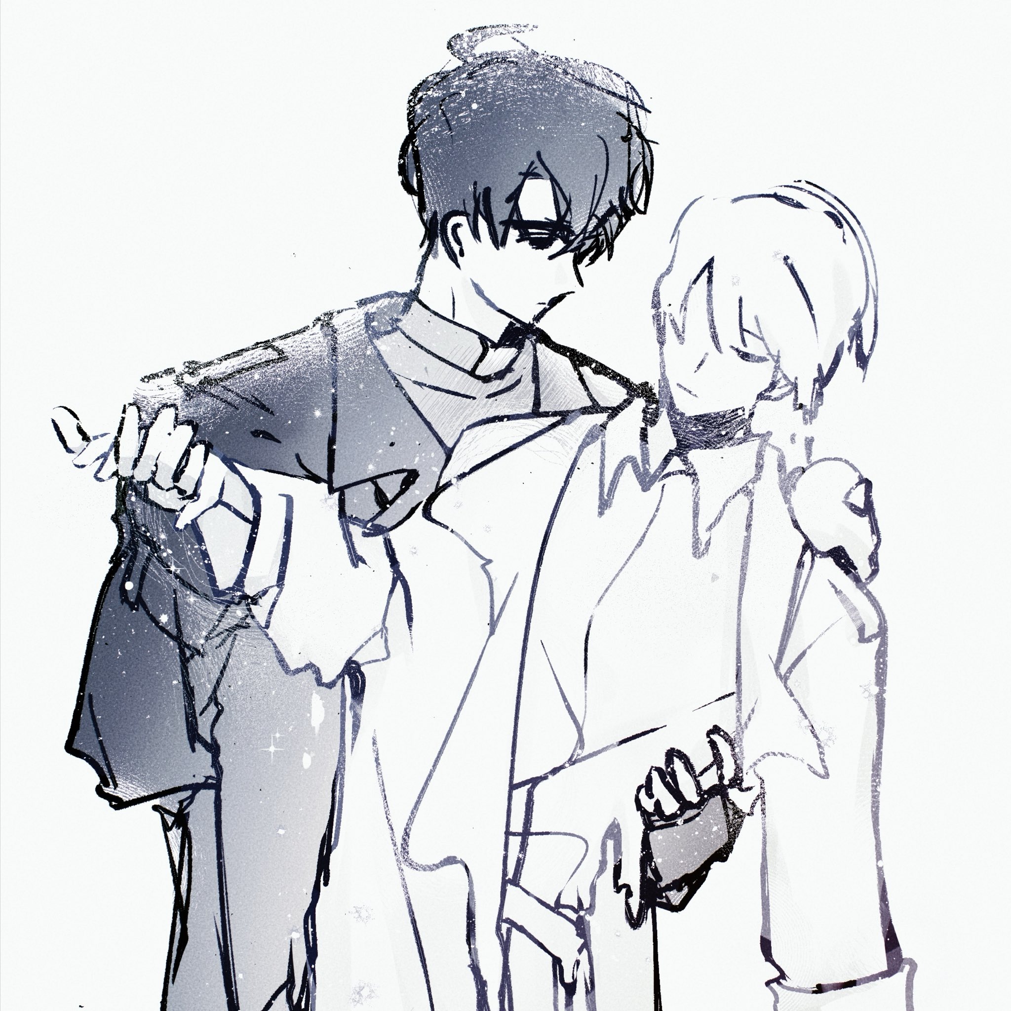 biyoo (omniscient reader's viewpoint), kim dokja, yoo joonghyuk, omniscient reader's viewpoint, commentary, highres, symbol-only commentary, 2boys, 8612starreader, animal, animal on shoulder, belt collar, coat, collar, collared shirt, cowboy shot, fingerless gloves, gloves, greyscale, hand on another's waist, hand up, holding hands, looking at another, male focus, melting, monochrome, multiple boys, open clothes, open coat, popped collar, shirt, short hair, sketch