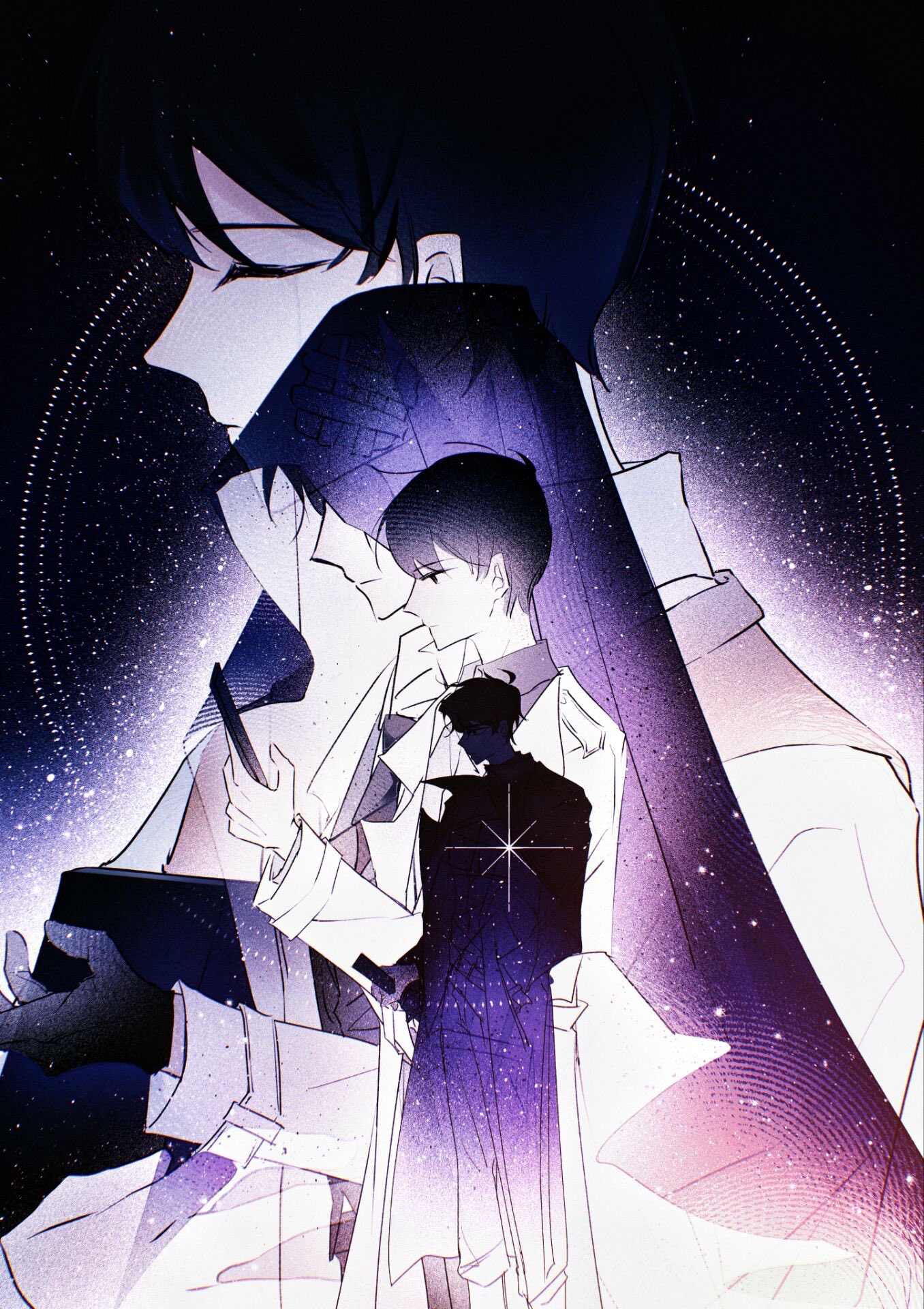 kim dokja, yoo joonghyuk, omniscient reader's viewpoint, commentary, english commentary, highres, variant set, 4boys, 8612starreader, black coat, black gloves, black hair, black shirt, closed eyes, coat, collared shirt, dual persona, expressionless, gloves, hand up, holding, holding phone, hood, hood up, looking at phone, multiple boys, open clothes, open coat, orange vest, phone, popped collar, purple theme, shirt, short hair, size difference, starry sky print, vest, white coat, white shirt