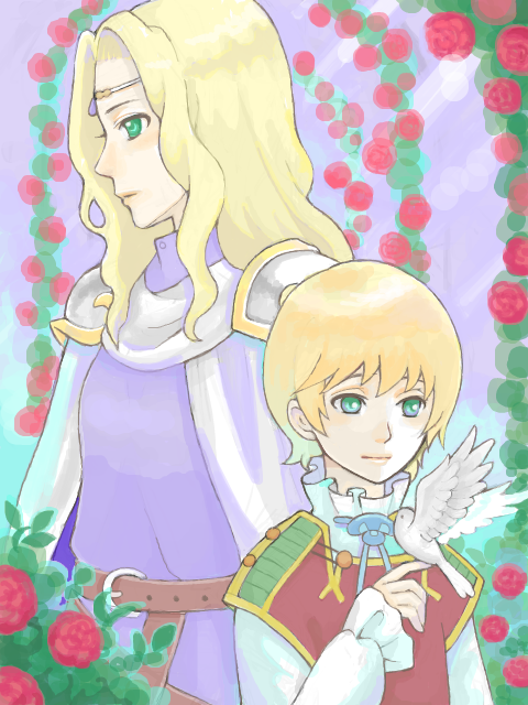 lady amnelis, guin saga, 00s, armor, bird, blonde hair, fantasy, flower, green eyes, long hair, rose, short hair