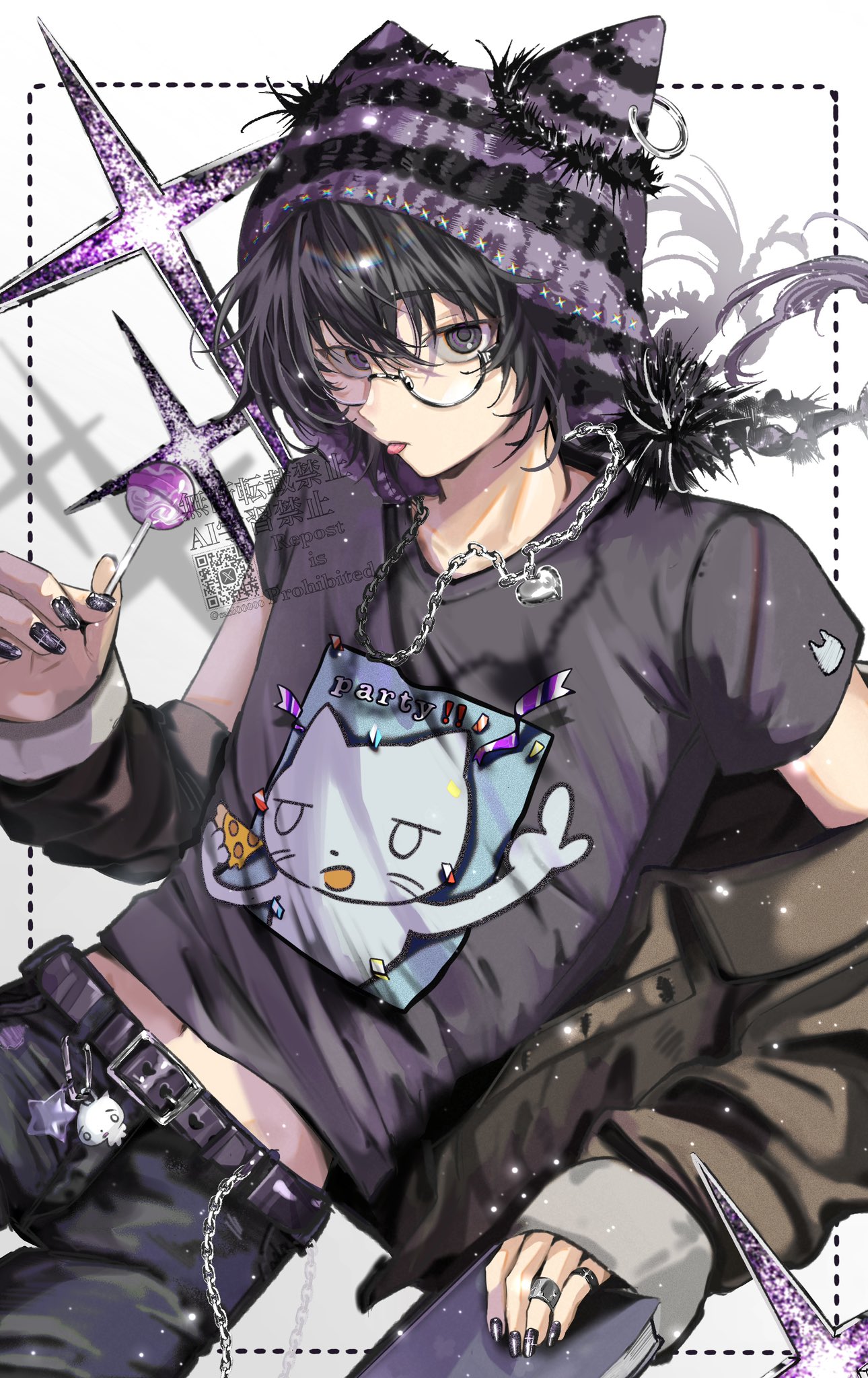 sahi00000, original, commentary request, highres, 1boy, beanie, belt, belt buckle, black belt, black eyes, black hair, black shirt, brown jacket, buckle, candy, chain, chain necklace, cowboy shot, crossed bangs, fingernails, food, glasses, hair between eyes, hat, heart, heart necklace, holding, holding candy, holding food, holding lollipop, inset border, jacket, jacket partially removed, jewelry, lollipop, long sleeves, looking at viewer, male focus, midriff, multiple rings, nail polish, necklace, print shirt, purple hat, red nails, ring, shirt, short hair, short sleeves, solo, t-shirt, tongue, tongue out, watermark, white background