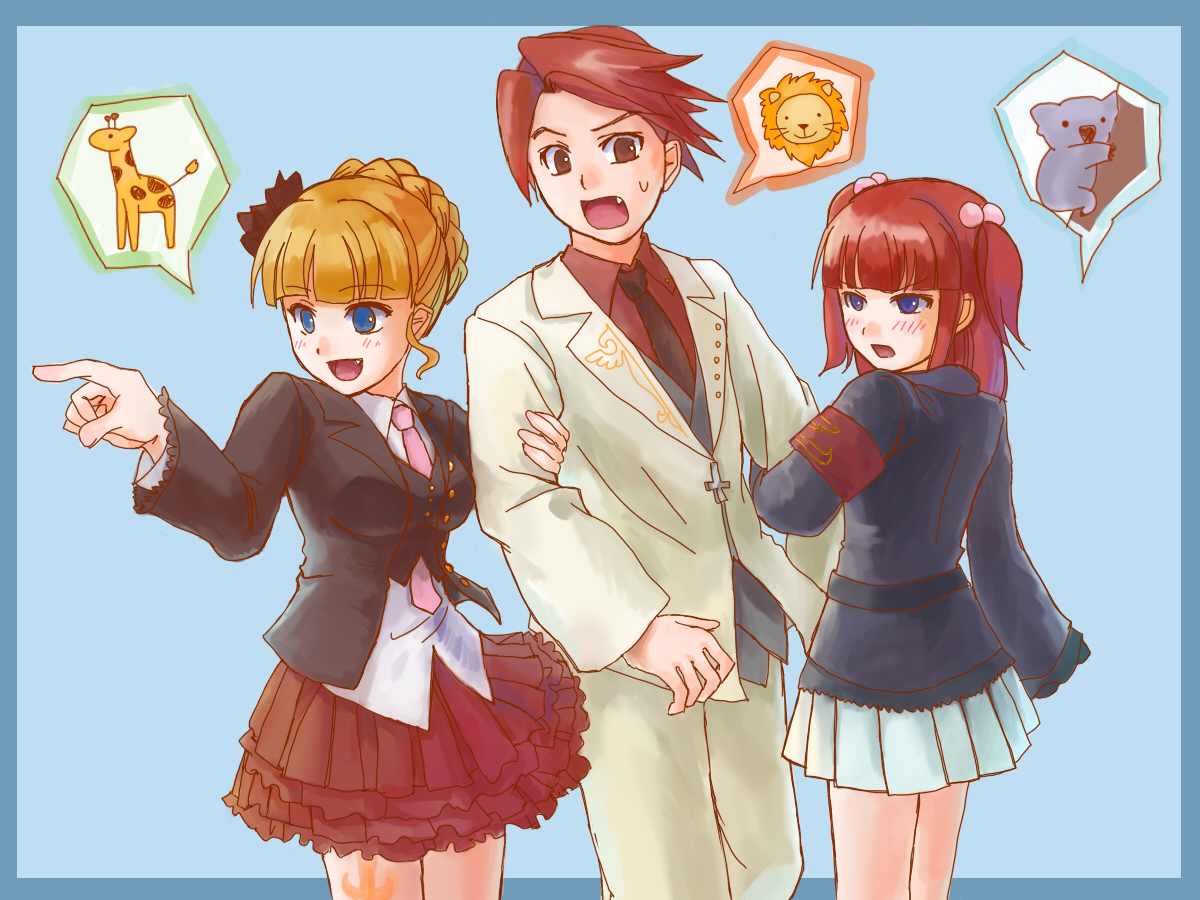 iwa, iwa hinata, beatrice (umineko), ushiromiya ange, ushiromiya battler, umineko no naku koro ni, arm grab, bad id, bad pixiv id, 1boy, 2girls, animal, armband, blonde hair, blue eyes, blush, brother and sister, fang, formal clothes, giraffe, hair bobbles, hair ornament, holding another's arm, koala, lion, multiple girls, necktie, pointing, red eyes, red hair, siblings, skirt, speech bubble, suit, twintails