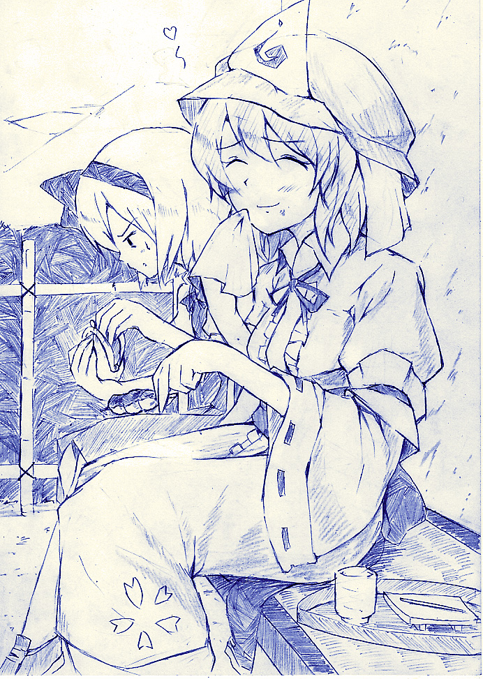 vent arbre, konpaku youmu, saigyouji yuyuko, touhou, graphite (medium), traditional media, 2girls, bag, blue theme, cup, double bun, eating, female focus, food, handbag, hat, monochrome, multiple girls, porch, smile, tea, veranda, yellow background