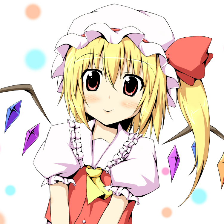 nma, flandre scarlet, embodiment of scarlet devil, touhou, bad id, bad pixiv id, 1girl, :>, blonde hair, female focus, hat, hat ribbon, red eyes, ribbon, solo, wings