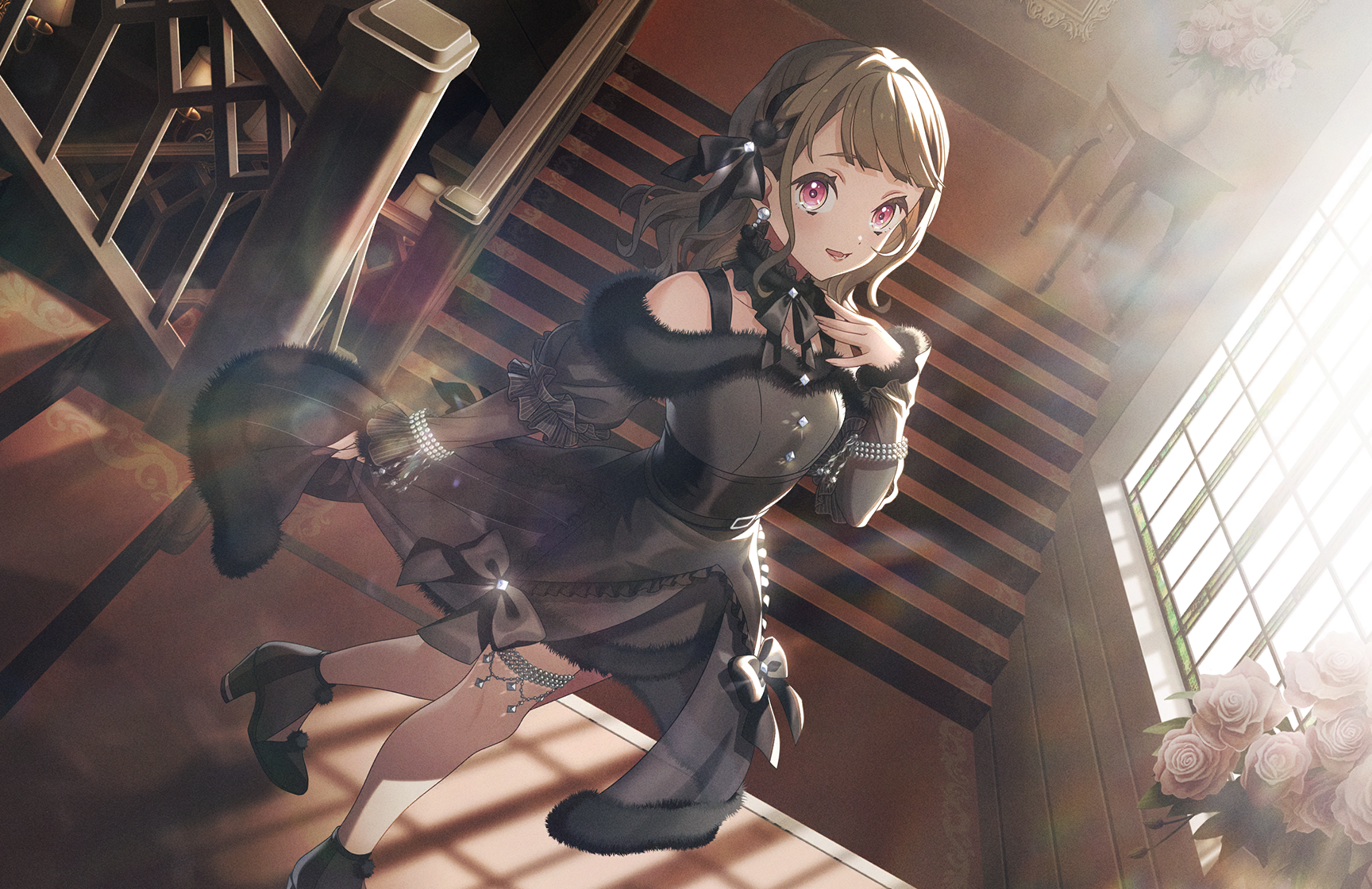 kachimachi kosuzu, link! like! love live!, love live!, costume request, game cg, highres, non-web source, official art, 1girl, bare shoulders, black bow, black dress, black shoes, bow, brown hair, collarbone, dress, dutch angle, earrings, flower, fur-trimmed dress, fur trim, hair bow, high heels, indoors, jewelry, layered sleeves, leg up, long hair, long sleeves, looking at viewer, off-shoulder dress, off shoulder, open mouth, pearl earrings, pink eyes, puffy short sleeves, puffy sleeves, rose, shoes, short dress, short sleeves, solo, stairs, virtual youtuber, white flower, white rose