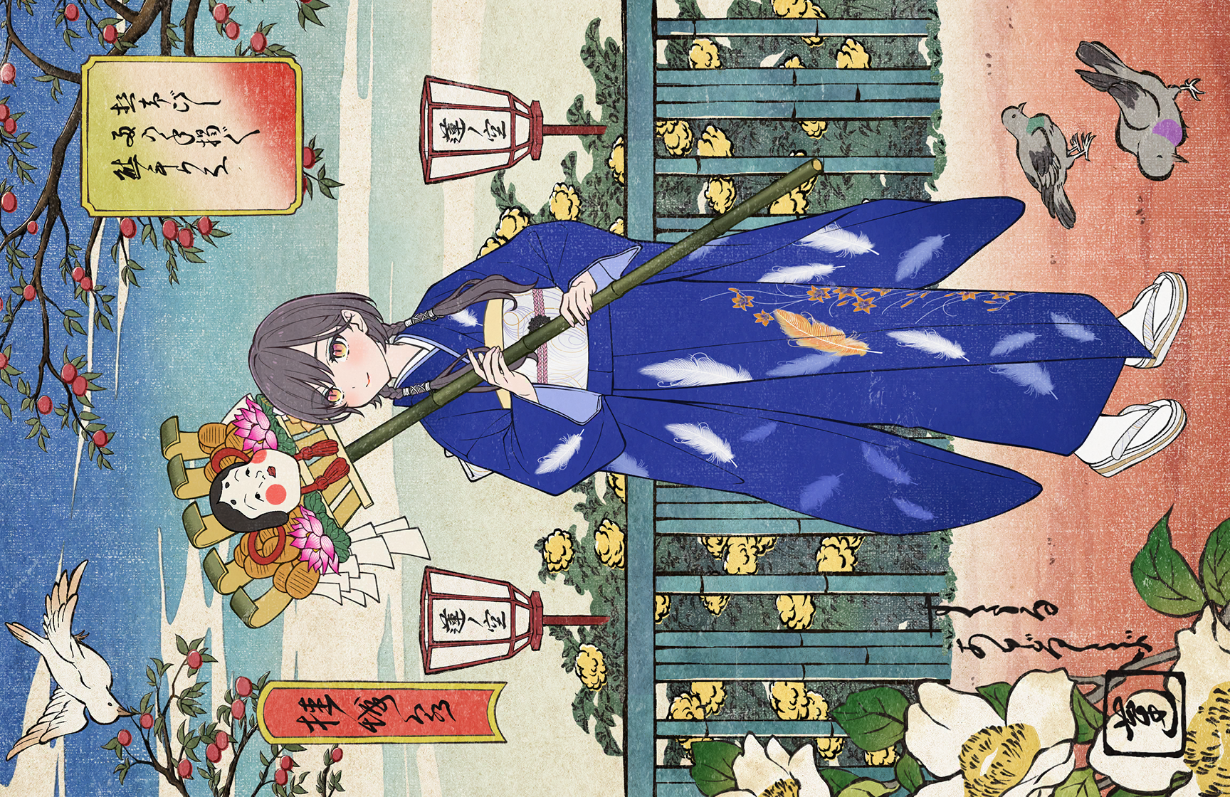 katsuragi izumi, link! like! love live!, love live!, game cg, highres, non-web source, object request, official art, translation request, 1girl, archaic japanese text, bird, black hair, blue kimono, blush, braid, closed mouth, feather print, flower, full body, hasu no sora karuta (love live!), holding, japanese clothes, kimono, long sleeves, looking up, low twin braids, obi, obiage, obijime, orange eyes, railing, sandals, sash, sideways, slit pupils, smile, socks, solo, tabi, twin braids, virtual youtuber, white sandals, white sash, white socks, wide sleeves, yellow flower