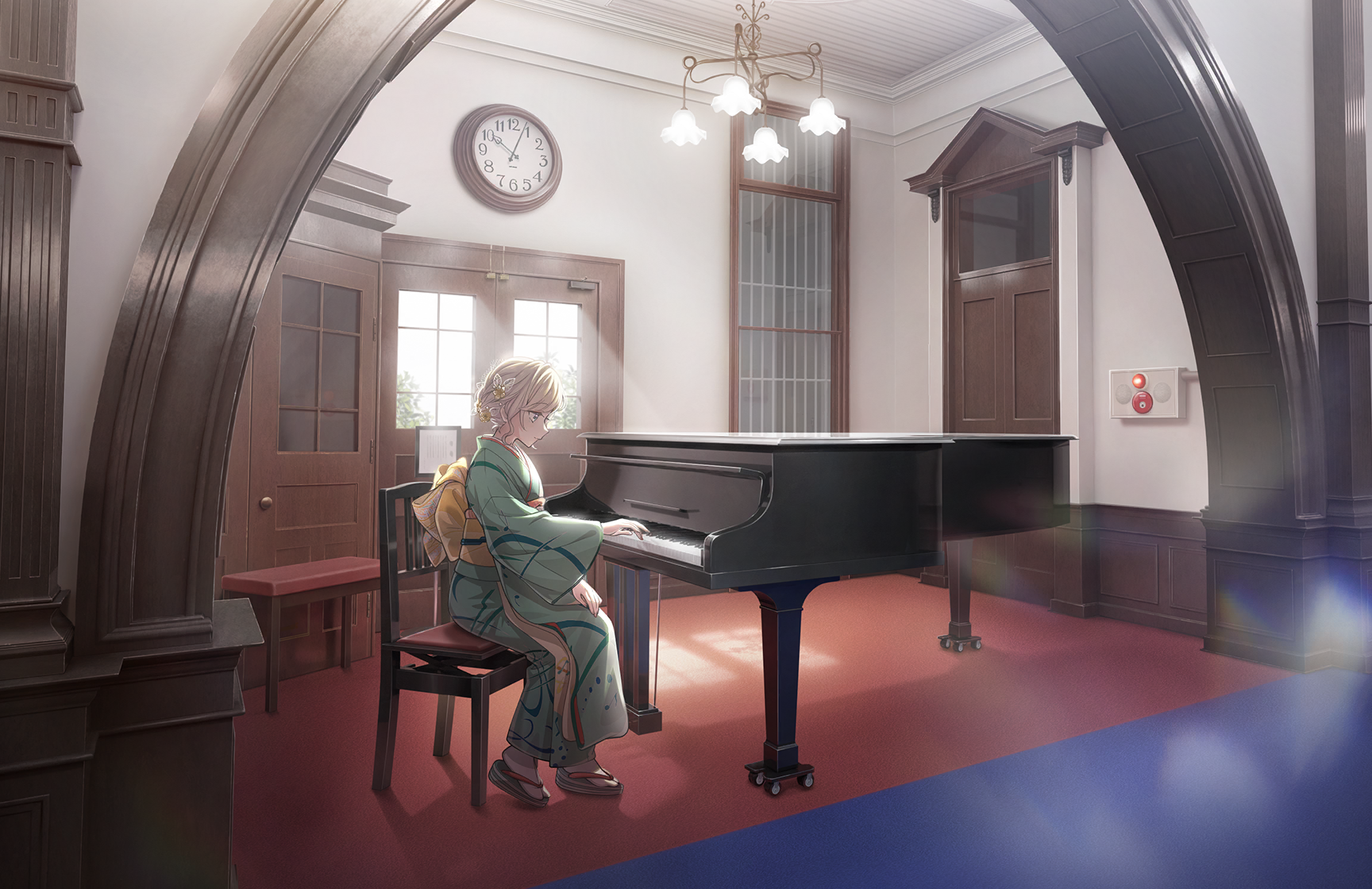 ceras yanagida lilienfeld, link! like! love live!, love live!, game cg, highres, non-web source, official art, 1girl, analog clock, back bow, blue eyes, bow, brown sandals, chair, clock, day, flower, full body, gold flower, grand piano, green kimono, grey hair, hair flower, hair ornament, hand on lap, hasu no sora karuta (love live!), indoors, instrument, japanese clothes, kimono, long sleeves, obi, obiage, obijime, on chair, piano, piano bench, sandals, sash, short hair, sitting, socks, solo, tabi, virtual youtuber, white socks, wide sleeves, yellow sash