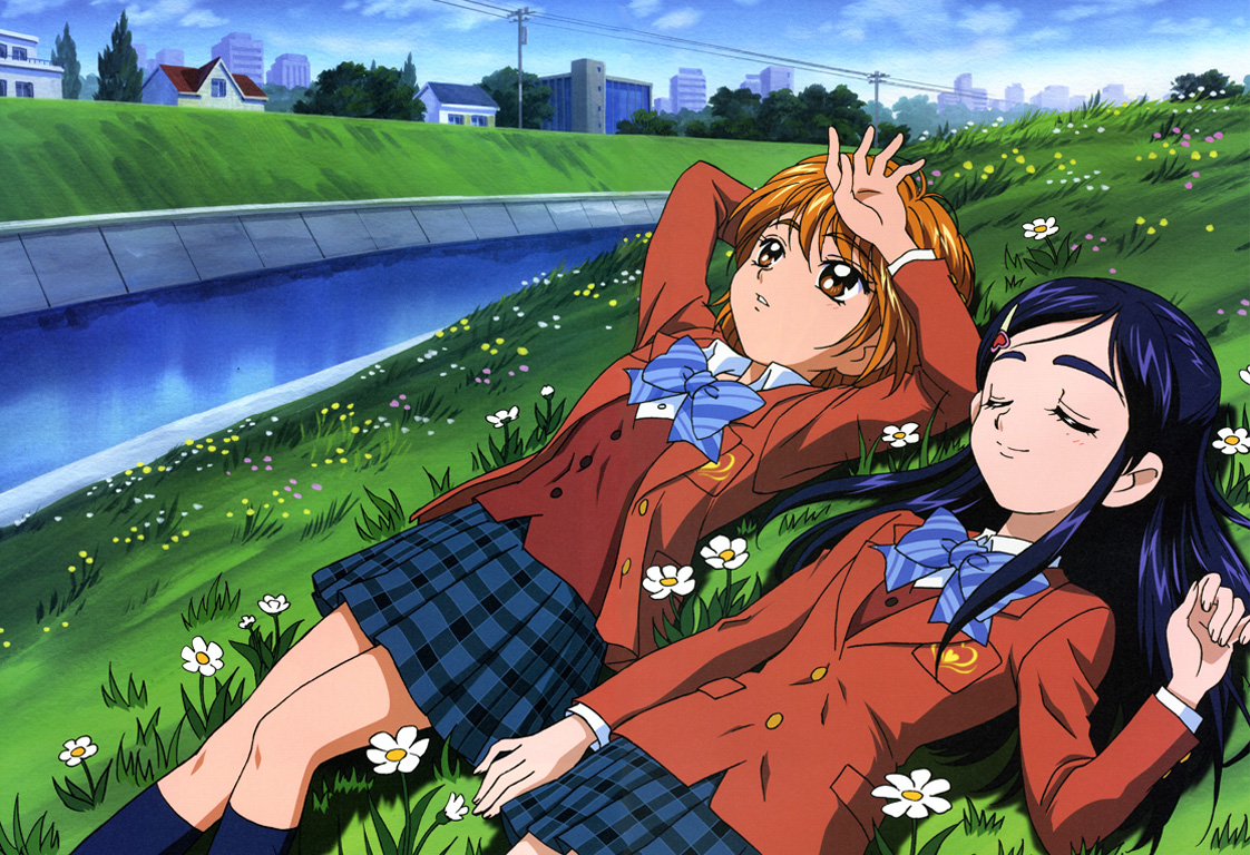 misumi nagisa, yukishiro honoka, futari wa precure, precure, toei company, blue legwear, official art, 00s, 2girls, arm behind head, blazer, blue bow, bow, bowtie, brown eyes, brown hair, building, city, cloud, day, dress shirt, flower, grass, house, jacket, long hair, lying, multiple girls, outdoors, plaid clothes, plaid skirt, pleated skirt, power lines, purple hair, river, school uniform, shirt, short hair, skirt, sky, sleeping, socks, tree, vest, water