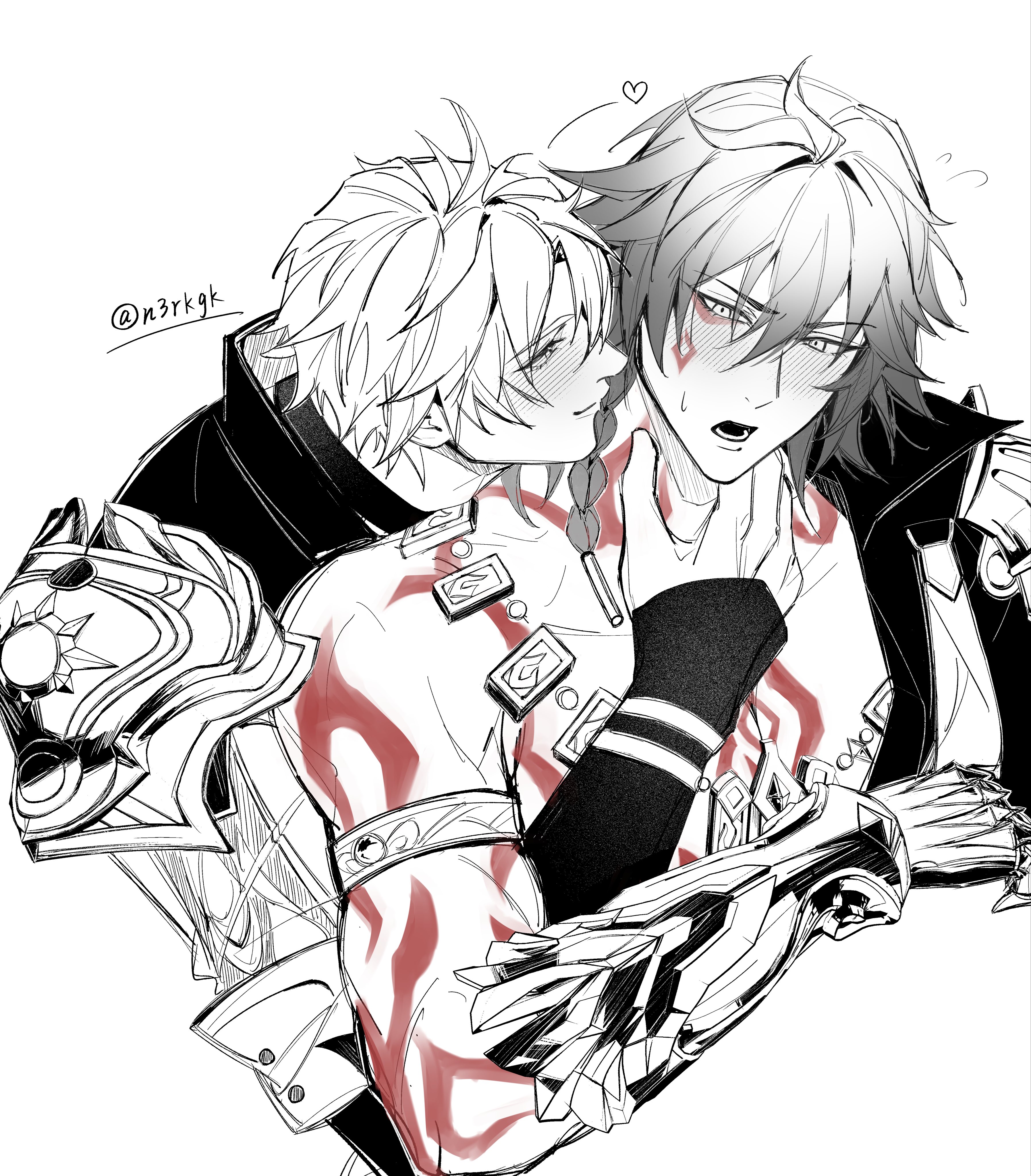 mydei (honkai: star rail), phainon (honkai: star rail), honkai: star rail, honkai (series), absurdres, commentary request, highres, 2boys, 97brc0, antenna hair, arm tattoo, armlet, armor, black choker, black coat, black shirt, blush, braid, chest tattoo, choker, clawed gauntlets, coat, earrings, facial tattoo, gold earrings, gold necklace, greyscale, jewelry, male focus, medium hair, monochrome, multiple boys, neck tattoo, necklace, open clothes, open coat, parted bangs, pauldrons, red tattoo, shirt, short hair, shoulder armor, side braid, simple background, single pauldron, tattoo, twitter username, white background, white coat, yaoi