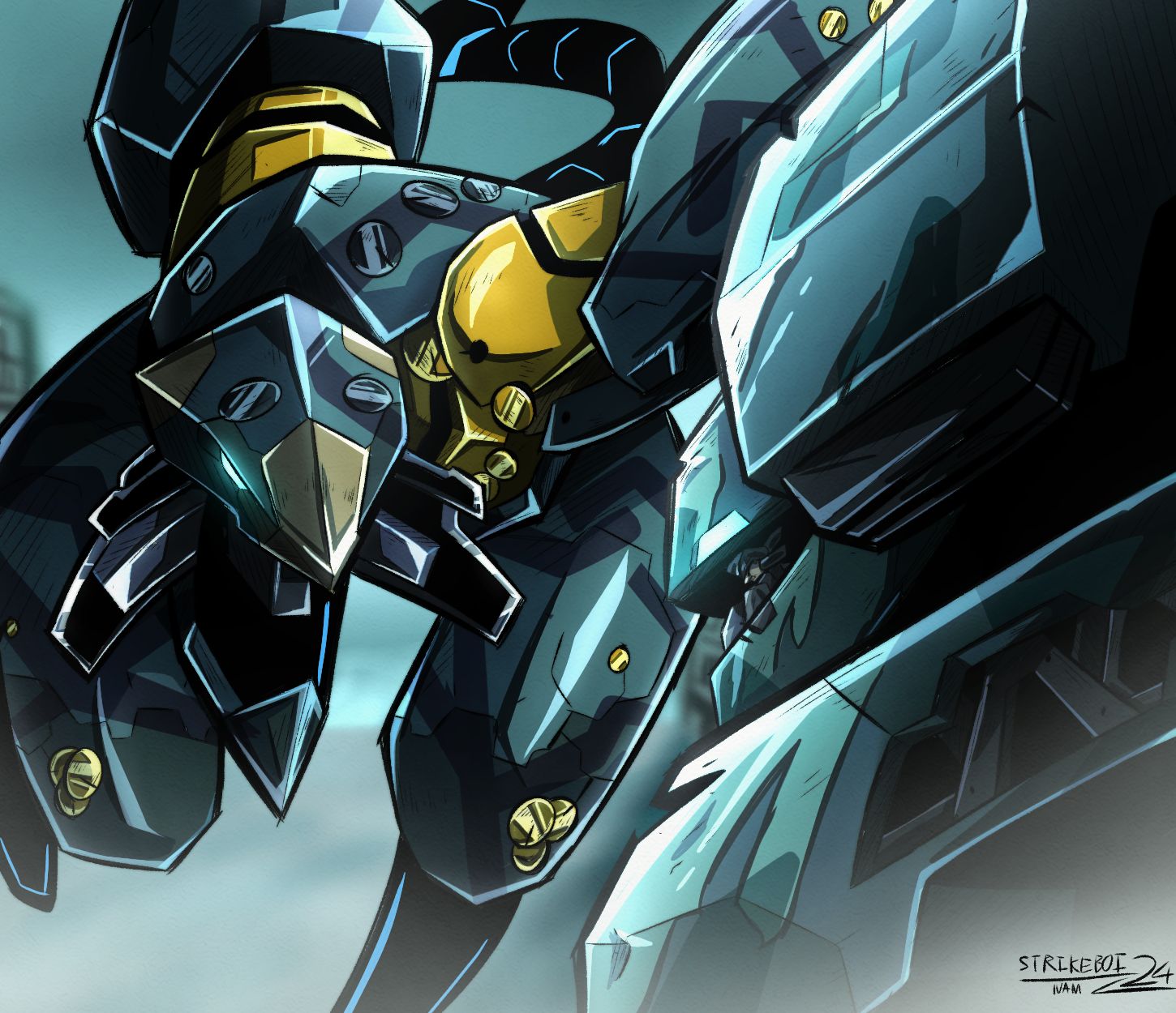 strikeboi24, metal gear ray, metal gear rex, old snake, solid snake, metal gear (series), metal gear solid 4: guns of the patriots, commentary, english commentary, highres, 1boy, aqua eyes, artist name, bandana, big nose, blurry, blurry background, caricature, cockpit, fog, glowing, glowing eyes, grey hair, joints, mecha, mecha focus, mechanical tail, open mouth, outdoors, robot, robot joints, science fiction, sneaking suit, solo, standing, standing on one leg, tail