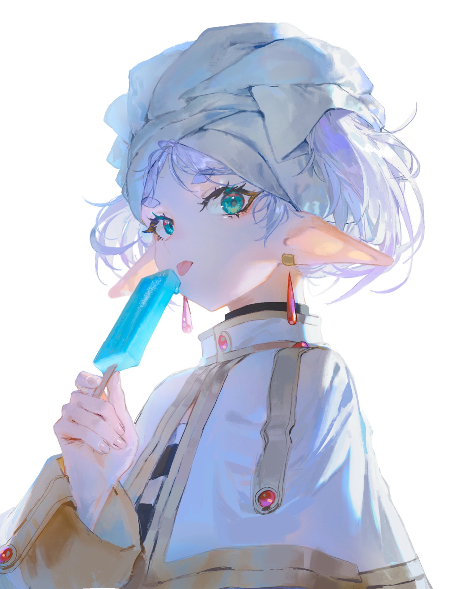 quasarcake, frieren, sousou no frieren, highres, 1girl, capelet, dress, earrings, elf, food, green eyes, holding, holding food, holding popsicle, jewelry, looking at viewer, pointy ears, popsicle, solo, tongue, tongue out, towel, towel on head, white capelet, white dress, white hair