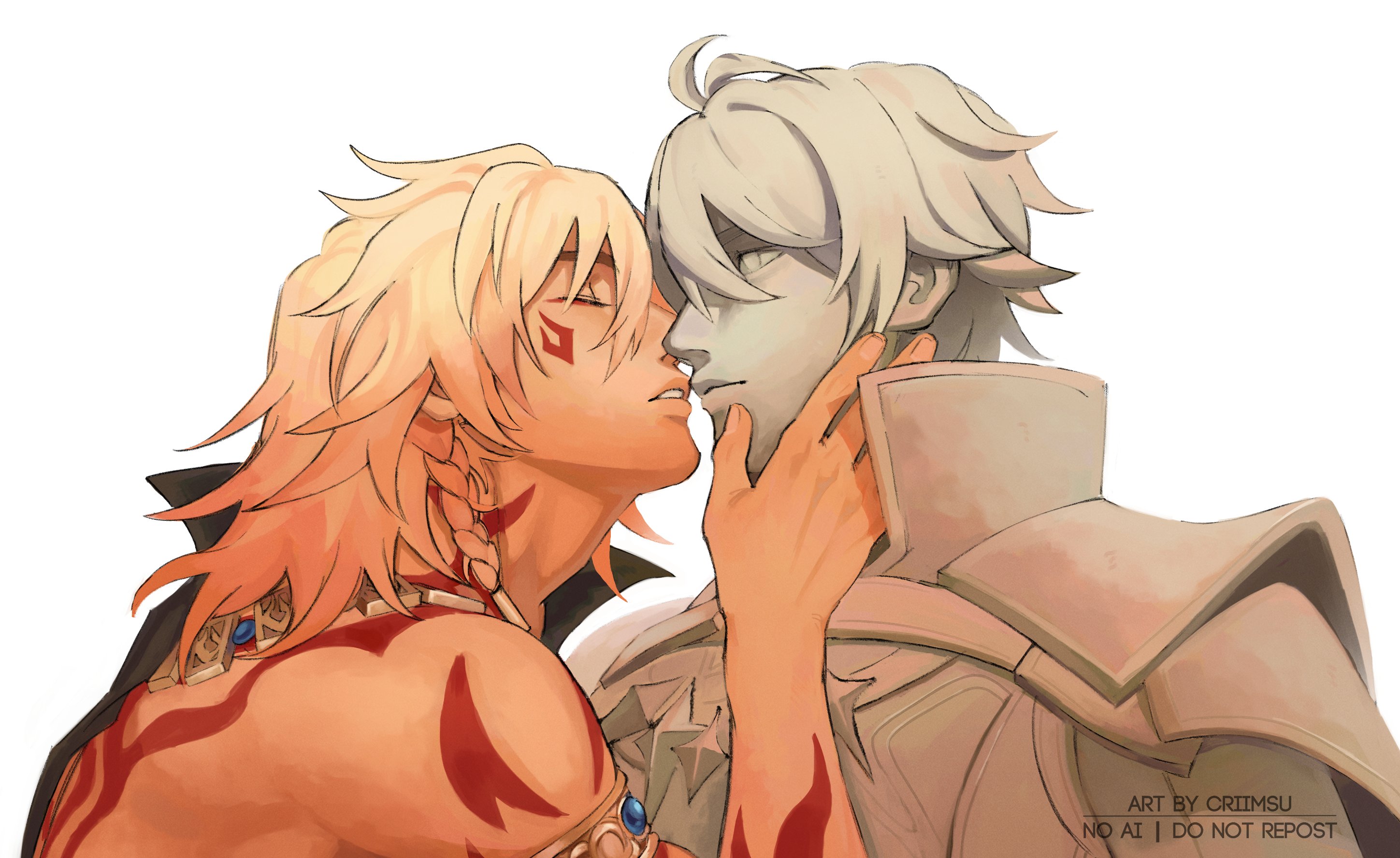 criimsu, mydei (honkai: star rail), honkai: star rail, honkai (series), commentary, english commentary, highres, 2boys, abs, antenna hair, arm tattoo, armlet, back tattoo, black coat, blonde hair, braid, closed eyes, coat, earrings, facial tattoo, gold earrings, gold necklace, gradient hair, imminent kiss, jewelry, male focus, medium hair, multicolored hair, multiple boys, necklace, open clothes, open coat, red hair, red tattoo, short hair, side braid, simple background, statue, tattoo, toned, toned male, watermark, white background, yaoi