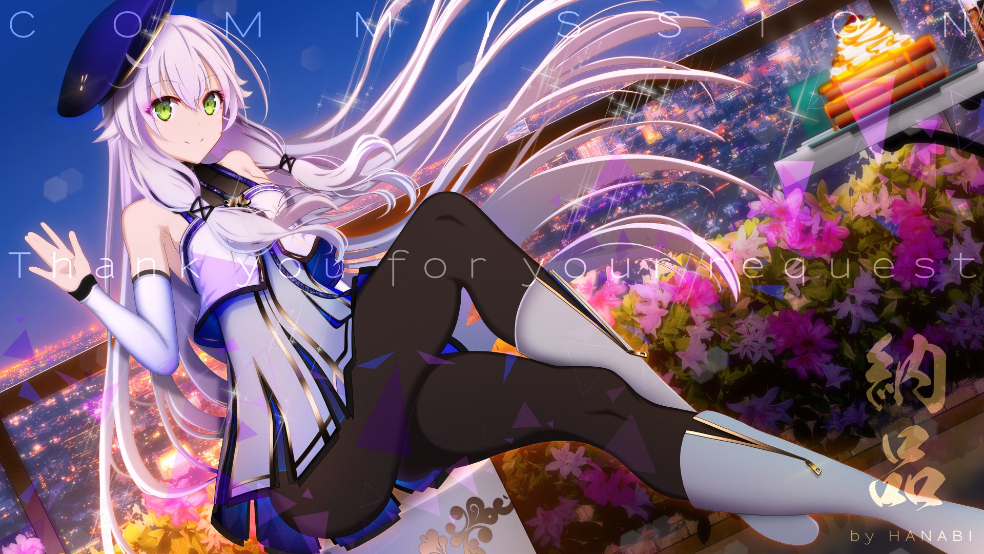 furisode (pixilvina), altina orion, eiyuu densetsu, kai no kiseki, kuro no kiseki (series), commentary, commission, english commentary, highres, 1girl, artist name, bare shoulders, beret, black thighhighs, boots, breasts, bush, closed mouth, detached sleeves, double-parted bangs, dress, english text, flower, food, green eyes, hair between eyes, hat, long hair, looking at viewer, night, off-shoulder dress, off shoulder, open hand, outdoors, sitting, small breasts, smile, solo, table, thighhighs, two side up, very long hair, watermark, waving, white boots, white dress, white hair