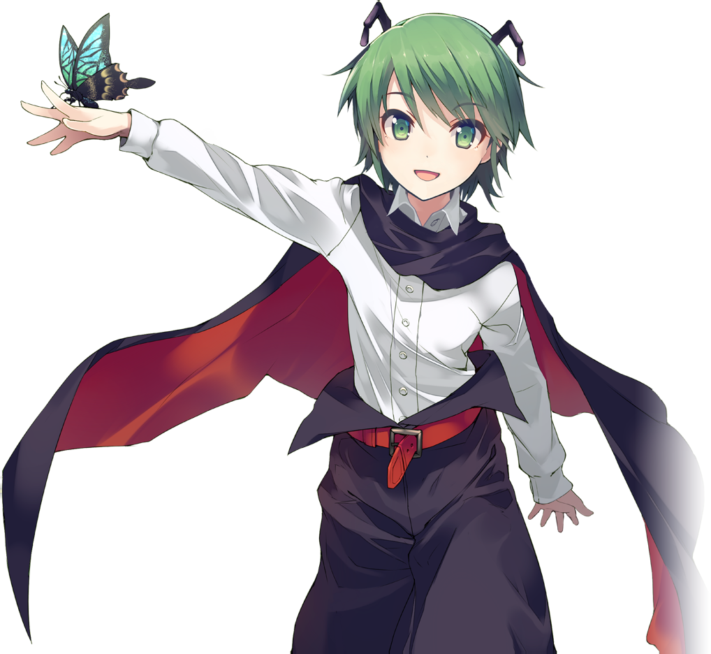 wriggle nightbug, touhou, artist request, game cg, official art, third-party source, 1girl, antennae, belt, black cape, black pants, bug, butterfly, butterfly on hand, cape, collared shirt, green eyes, green hair, insect, labyrinth of touhou (series), labyrinth of touhou 2, long sleeves, looking at viewer, open mouth, pants, red belt, red cape, shirt, short hair, smile, solo, transparent background, two-sided cape, two-sided fabric, white shirt