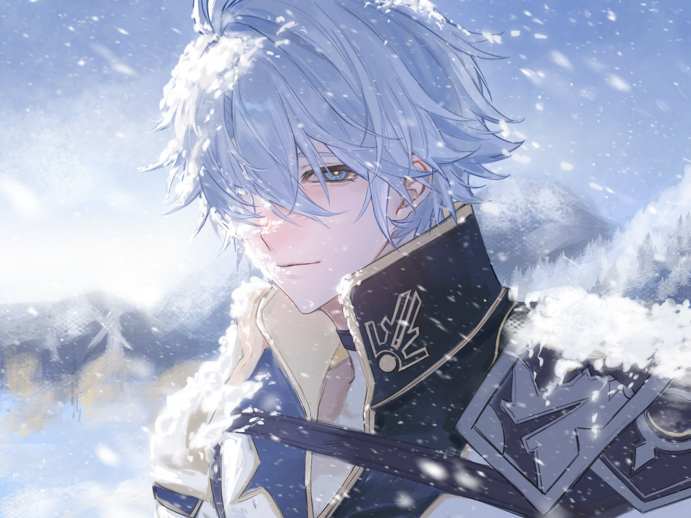 phainon (honkai: star rail), honkai: star rail, honkai (series), chinese commentary, commentary request, highres, 1boy, antenna hair, armor, black choker, black shirt, blue eyes, bozhiqingjiajiwo, choker, coat, looking at viewer, male focus, neck tattoo, parted bangs, pauldrons, shirt, short hair, shoulder armor, single pauldron, snow on face, snow on head, snowing, solo, sun symbol, sun tattoo, tan, tattoo, white coat, white hair