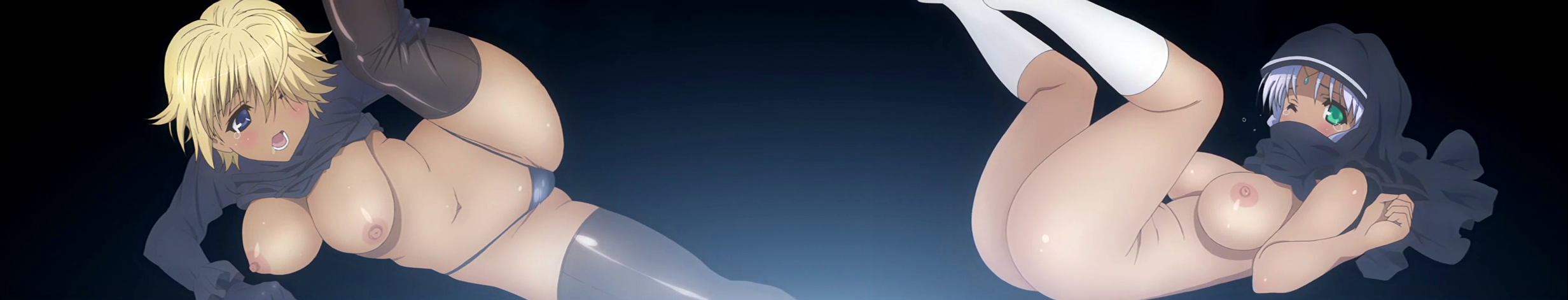 ayse khadim, hedyeh, ladies versus butlers!, highres, long image, wide image, 2girls, back-seamed legwear, black hijab, blush, bottomless, breasts, clothes lift, dark-skinned female, dark skin, front-seamed legwear, hijab, large breasts, multiple girls, panties, seamed legwear, shirt lift, socks, thighhighs, underwear