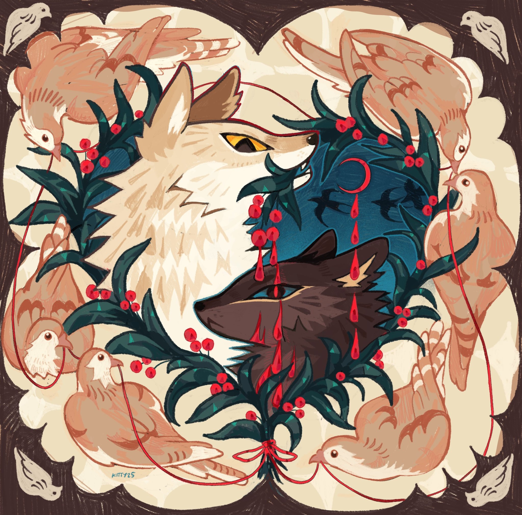 kitty (fernwhisker), original, commentary, english commentary, highres, animal, animal focus, berry, bird, blue eyes, border, crescent moon, dripping, heart, leaf, moon, mouth hold, no humans, red moon, signature, wolf, yellow eyes