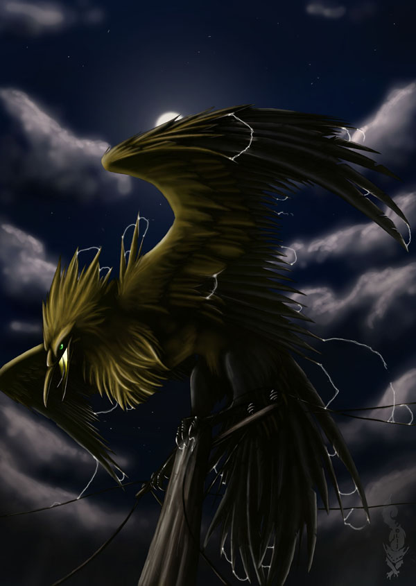 zapdos, nintendo, pokemon, bird, electricity, epic, gen 1 pokemon, legendary pokemon, night, no humans, pokemon (creature), power lines, realistic, solo