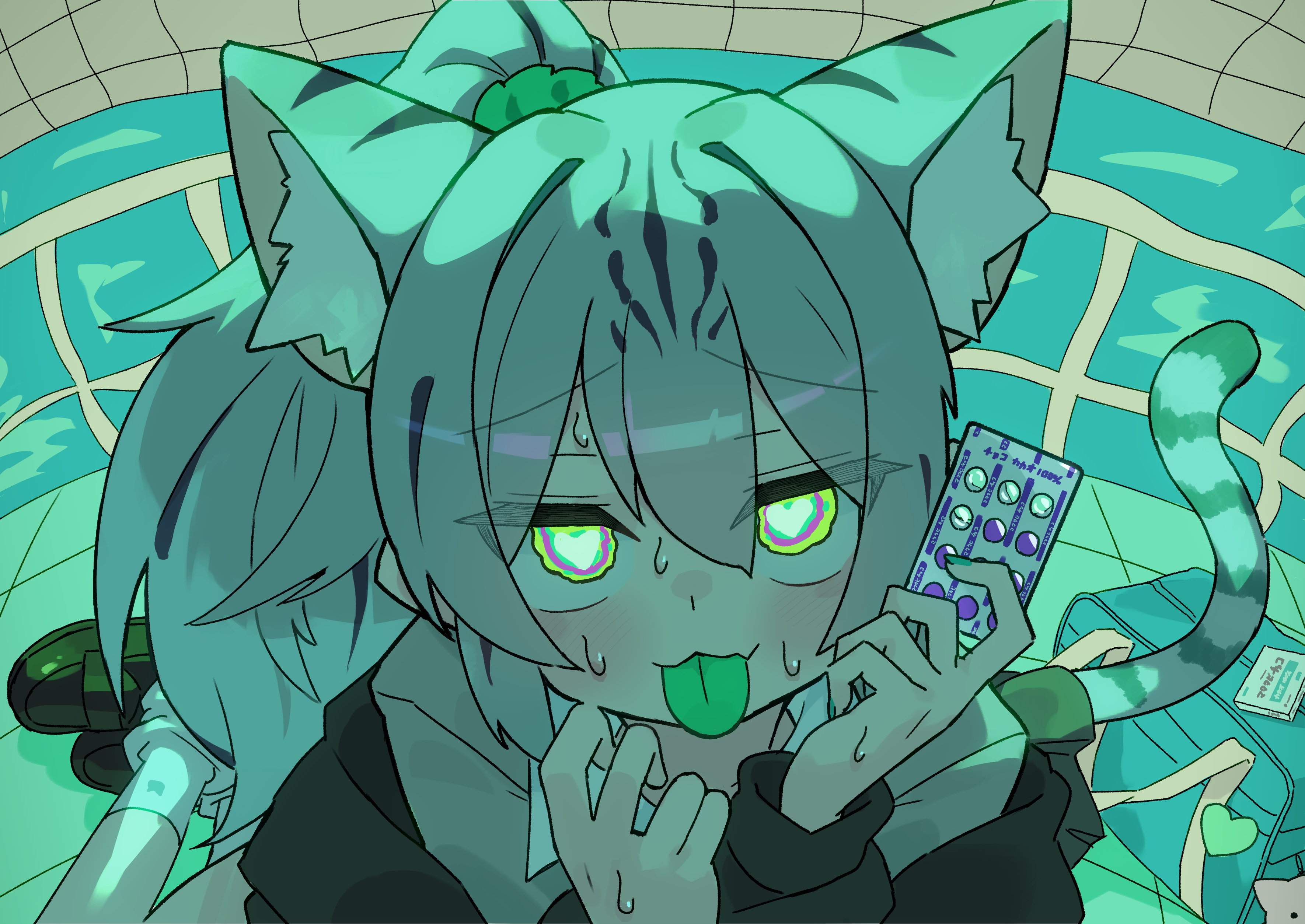 katsu (katsupainter), original, absurdres, commentary request, highres, 1girl, :p, animal ear fluff, animal ears, black jacket, black shoes, cat ears, cat girl, cat tail, closed mouth, collared shirt, colored tongue, double-parted bangs, fang, fang out, green eyes, green tongue, grey hair, hair between eyes, heart, heart-shaped pupils, jacket, long hair, looking at viewer, pill, ponytail, portrait, school uniform, shirt, shoes, sitting, skin fang, socks, solo, sweat, symbol-shaped pupils, tail, tongue, tongue out, white shirt, white socks