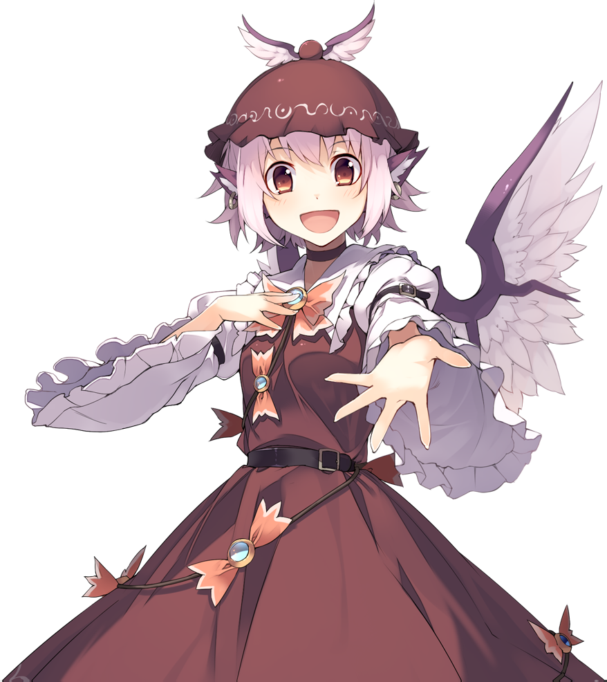 mystia lorelei, touhou, artist request, game cg, official art, third-party source, 1girl, animal ear piercing, animal ears, arm belt, belt, bird ears, bird wings, black choker, breasts, brown belt, brown dress, choker, collared shirt, dress, earrings, frilled shirt collar, frilled sleeves, frills, hoop earrings, jewelry, labyrinth of touhou (series), labyrinth of touhou 2, long sleeves, open mouth, pink hair, red eyes, shirt, small breasts, smile, solo, transparent background, white shirt, wide sleeves, winged hat, wings