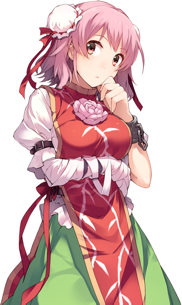 ibaraki kasen, touhou, artist request, game cg, official art, third-party source, 1girl, arm belt, arm under breasts, bandaged arm, bandages, breasts, bun cover, chain, closed mouth, cuffs, double bun, flower, green skirt, hair bun, labyrinth of touhou (series), labyrinth of touhou 2, large breasts, looking at viewer, pink flower, pink hair, pink rose, puffy short sleeves, puffy sleeves, red tabard, rose, shackles, shirt, short sleeves, skirt, solo, tabard, transparent background, white shirt