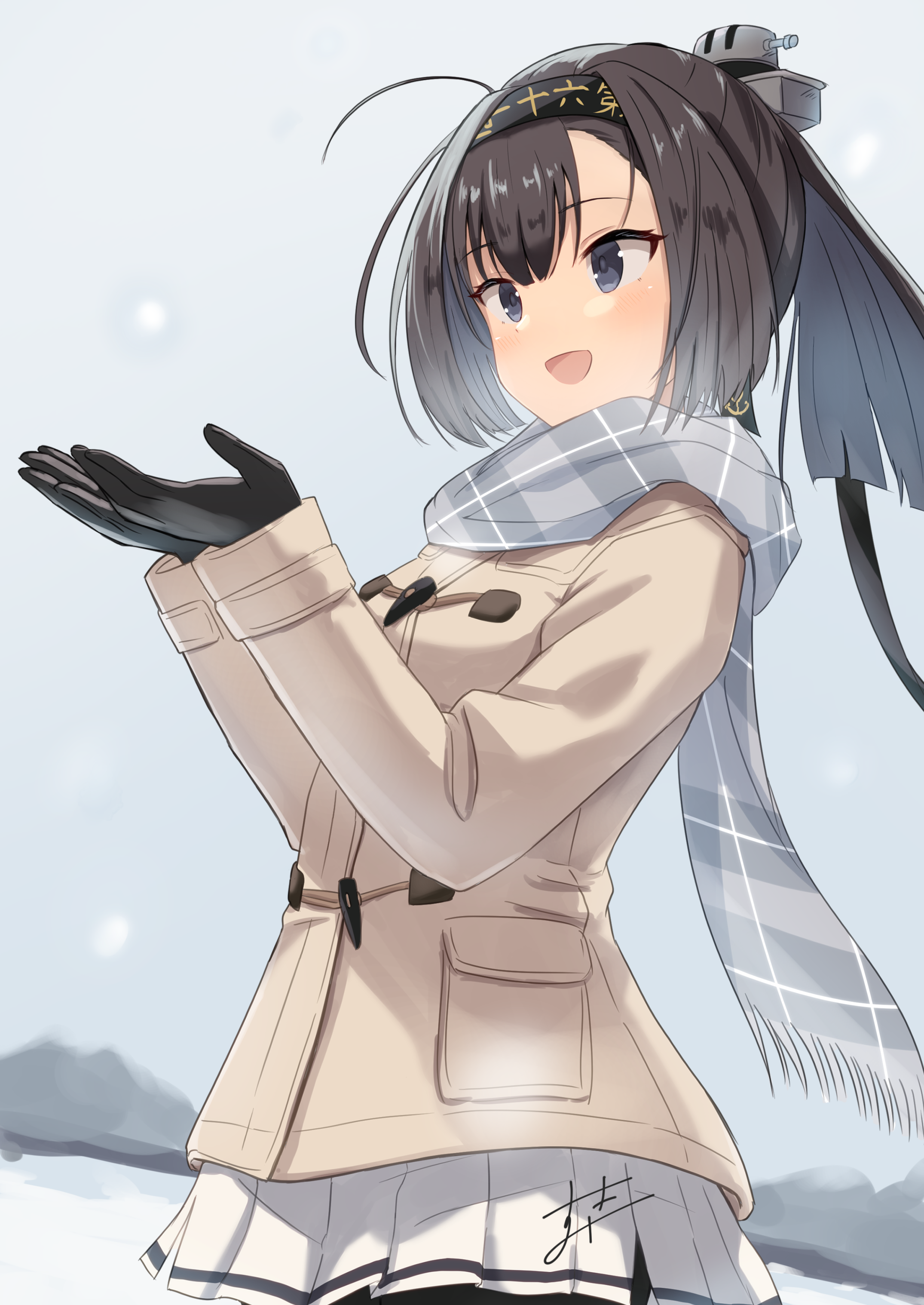 sukimizaki, akizuki (kancolle), kantai collection, absurdres, commentary request, highres, 1girl, black hair, black pantyhose, blue eyes, blush, breasts, breath, brown hair, coat, cold, hachimaki, hairband, headband, long hair, long sleeves, open mouth, outdoors, pantyhose, pleated skirt, ponytail, scarf, school uniform, serafuku, skirt, smile, snowing, solo, winter clothes