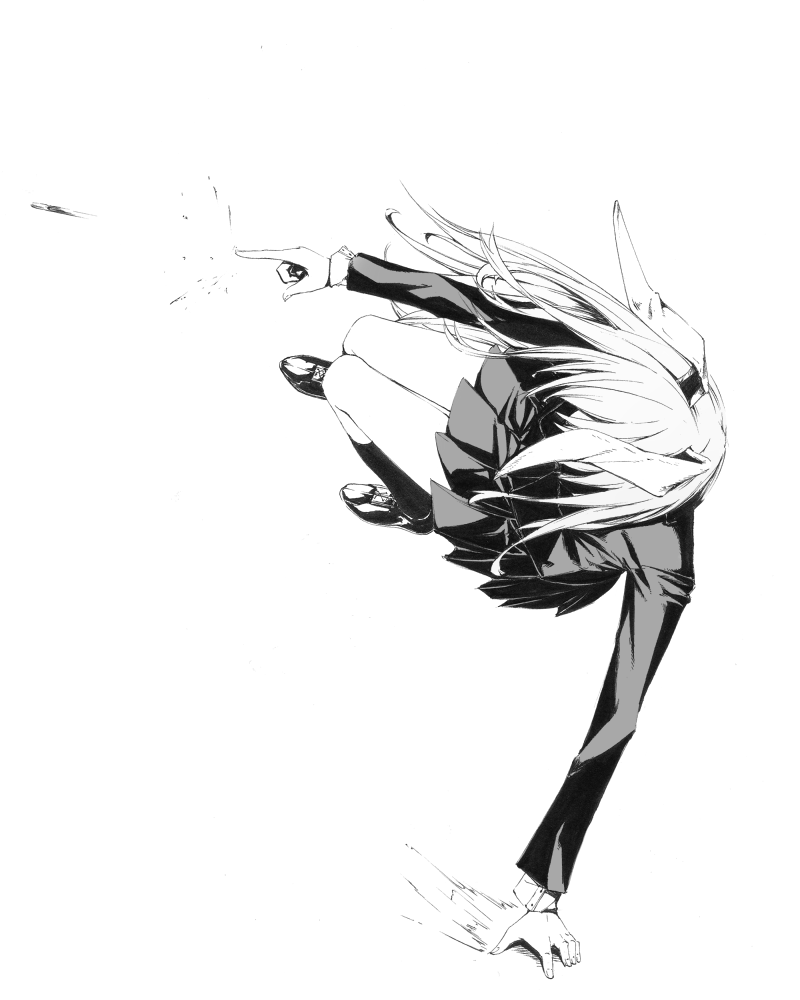 sousou (sousouworks), reisen udongein inaba, touhou, 1girl, animal ears, bullet, female focus, full body, greyscale, kneehighs, long hair, miniskirt, monochrome, motion blur, pointing, rabbit ears, skirt, socks, solo