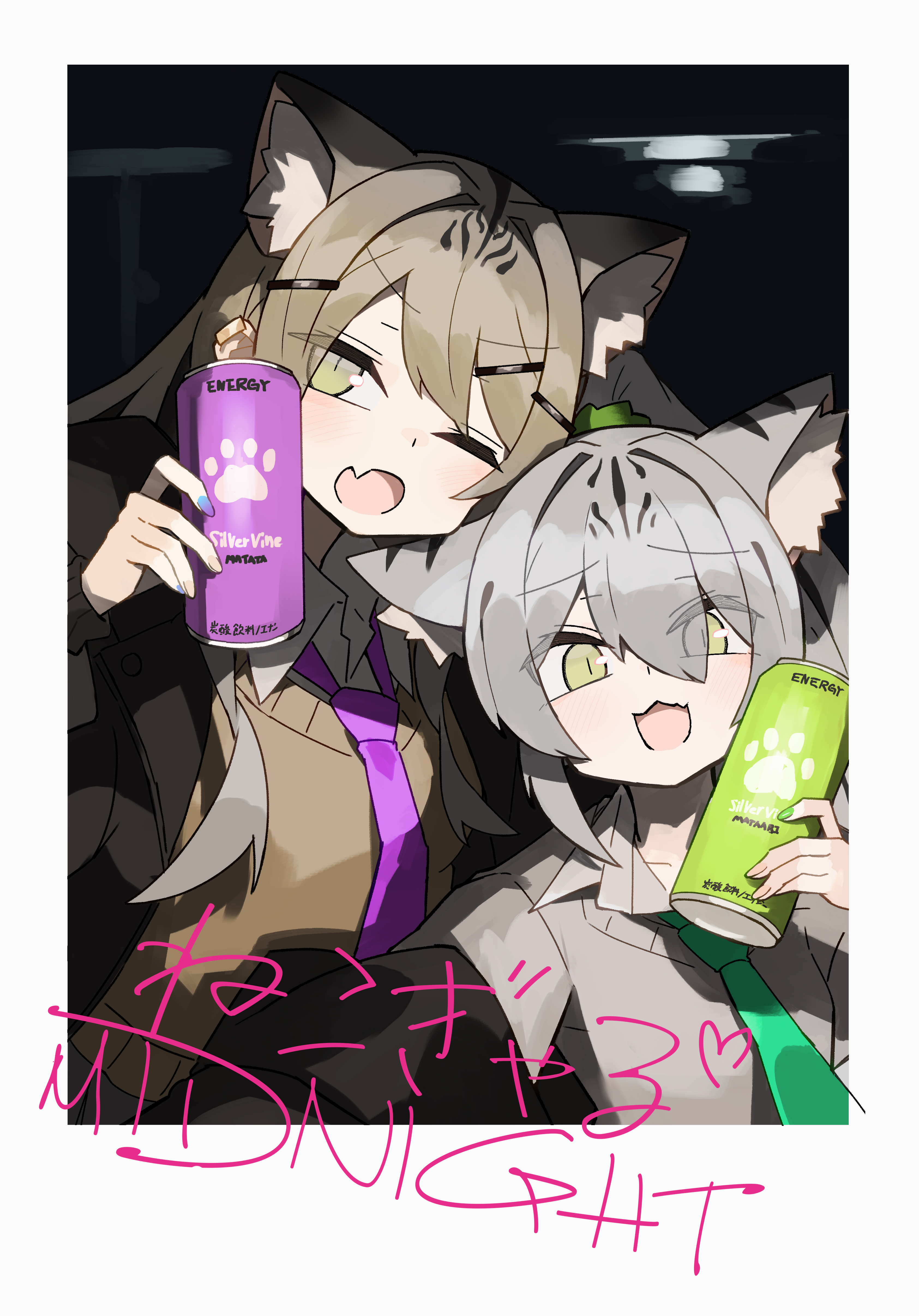 katsu (katsupainter), original, absurdres, commentary request, highres, translated, 2girls, animal ear fluff, animal ears, black jacket, border, brown hair, brown sweater, can, cat ears, cat girl, drink can, fang, green eyes, green necktie, grey hair, grey sweater, hair intakes, holding, holding can, jacket, long hair, long sleeves, looking at viewer, multiple girls, necktie, one eye closed, open clothes, open jacket, open mouth, polaroid photo, purple necktie, skin fang, slit pupils, sweater, upper body, white border, wing collar